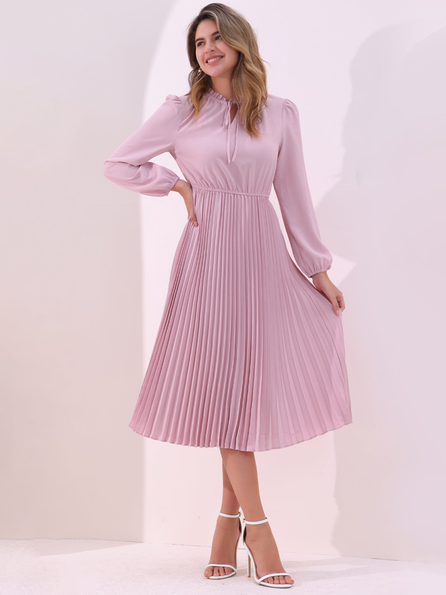 A-Line Flowy Long Sleeve Tie V Neck Pleated Midi Dress