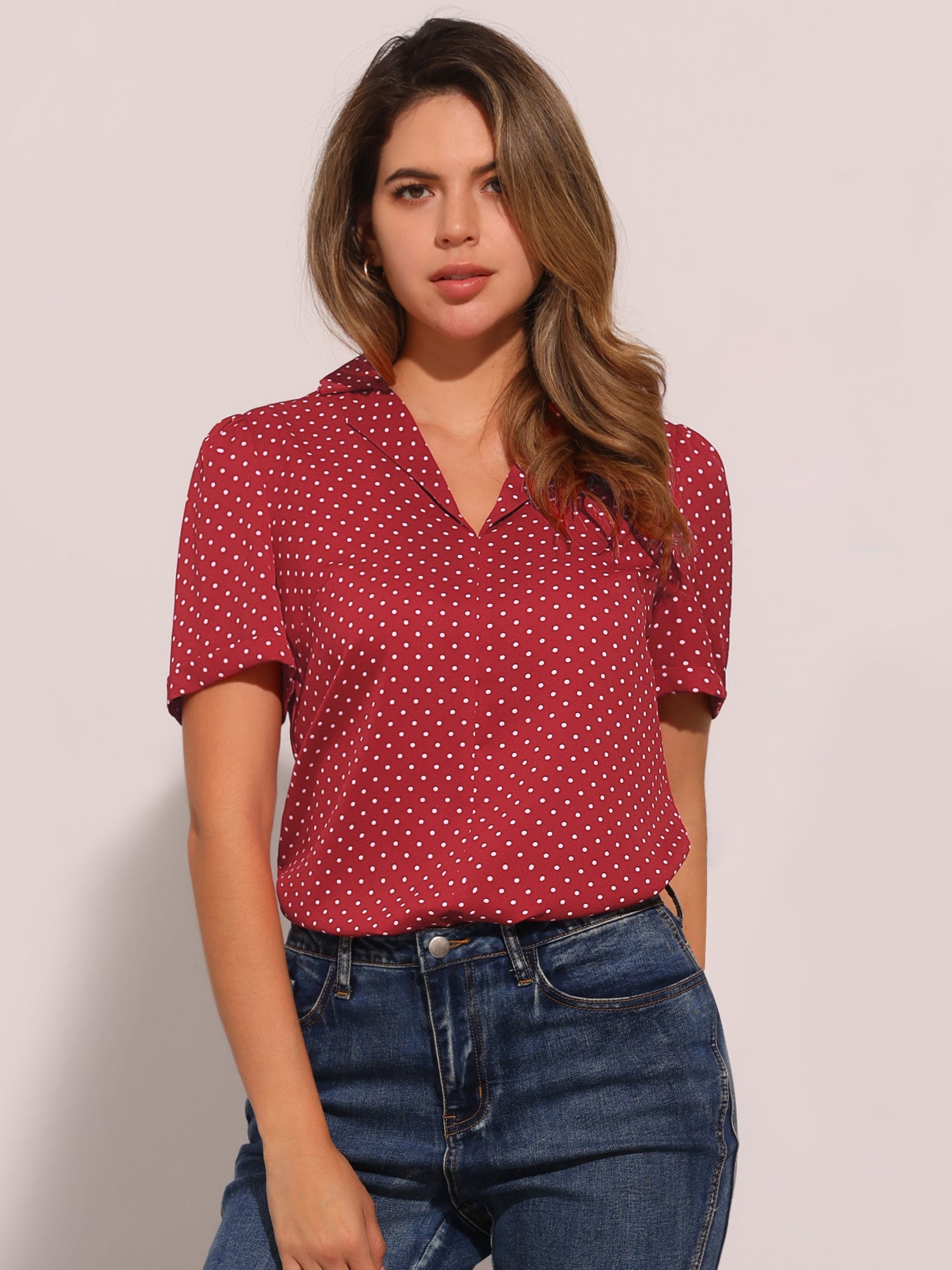 Short Sleeve Casual Cherry Print Notched Lapel Collar Shirt Blouse