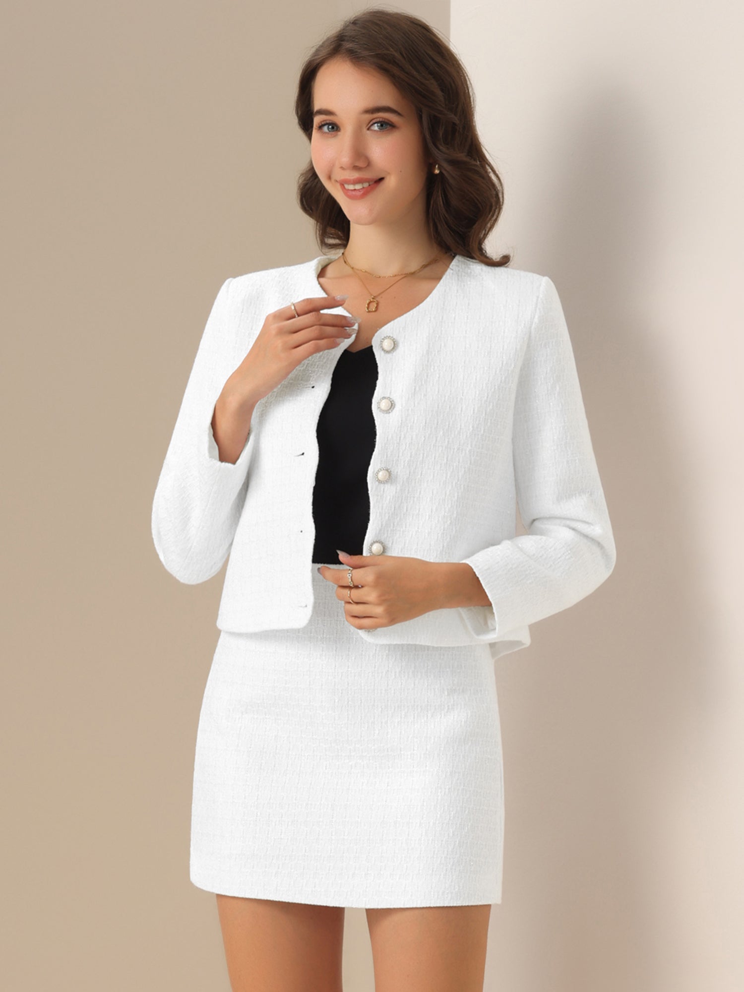2 Pieces Tweed Long Sleeves Cropped Jacket & Mini Pencil Skirt Set