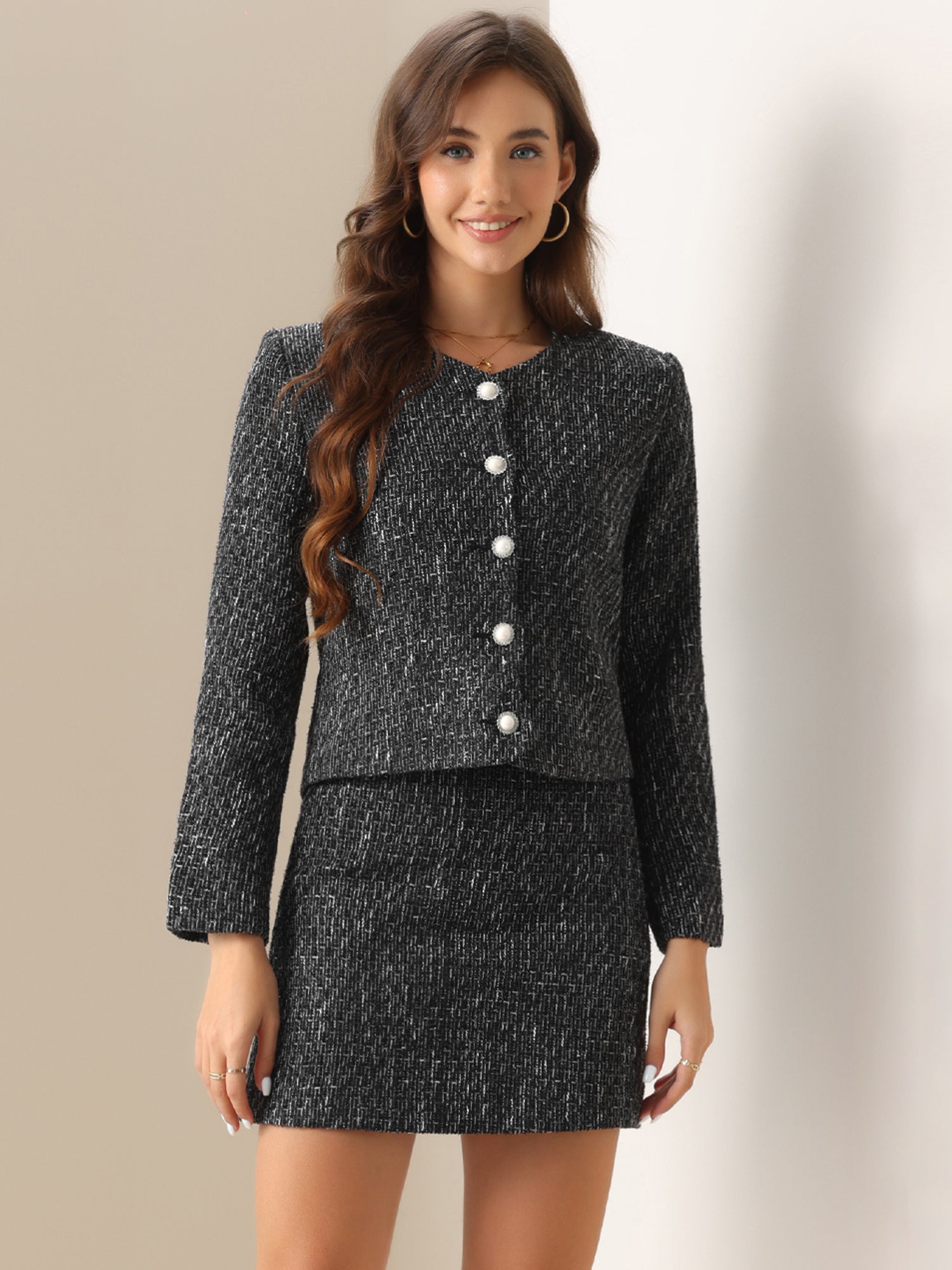 2 Pieces Tweed Long Sleeves Cropped Jacket & Mini Pencil Skirt Set