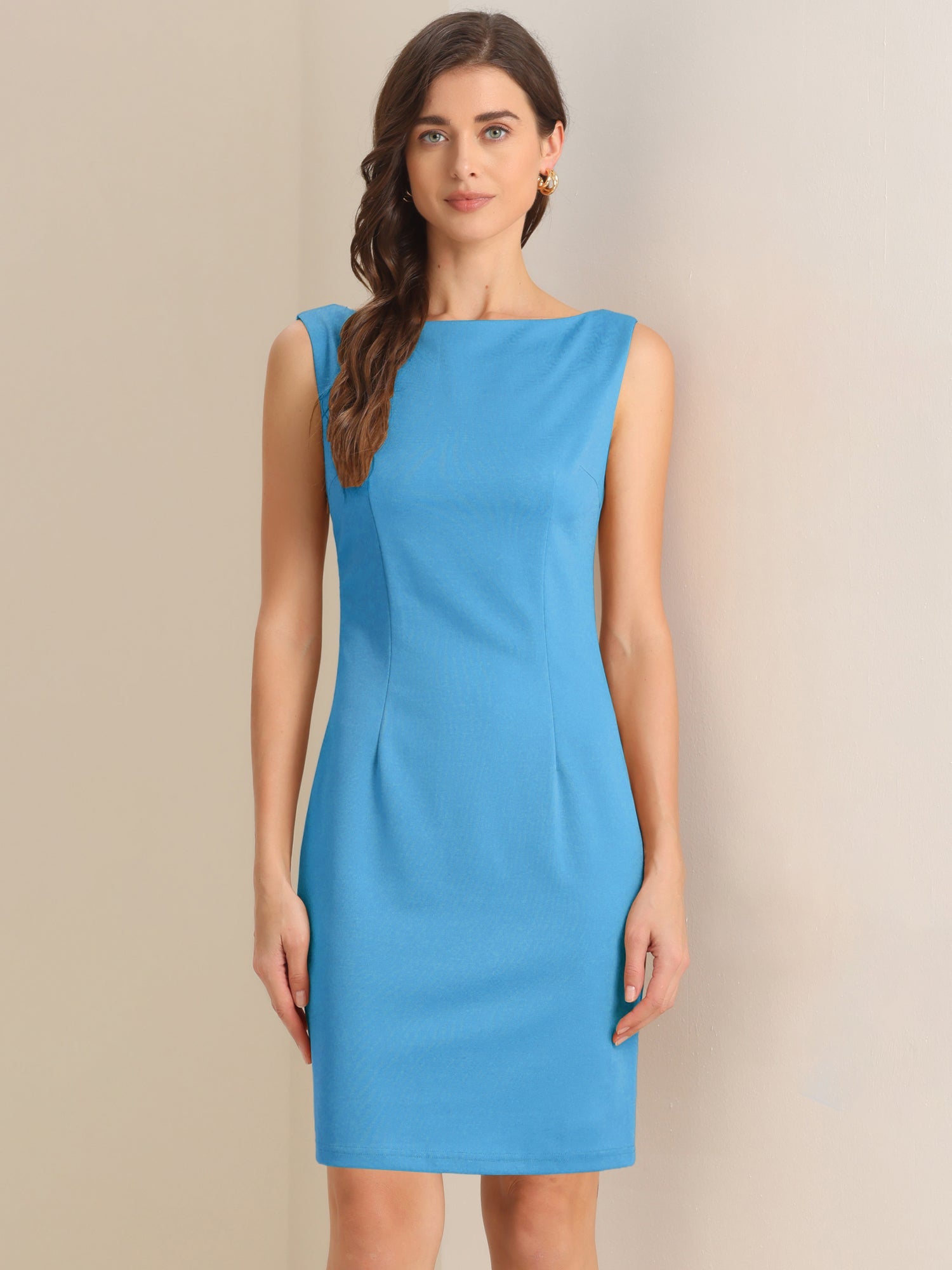 Sleeveless Boat Neck Casual Office Solid Midi Sheath Dress