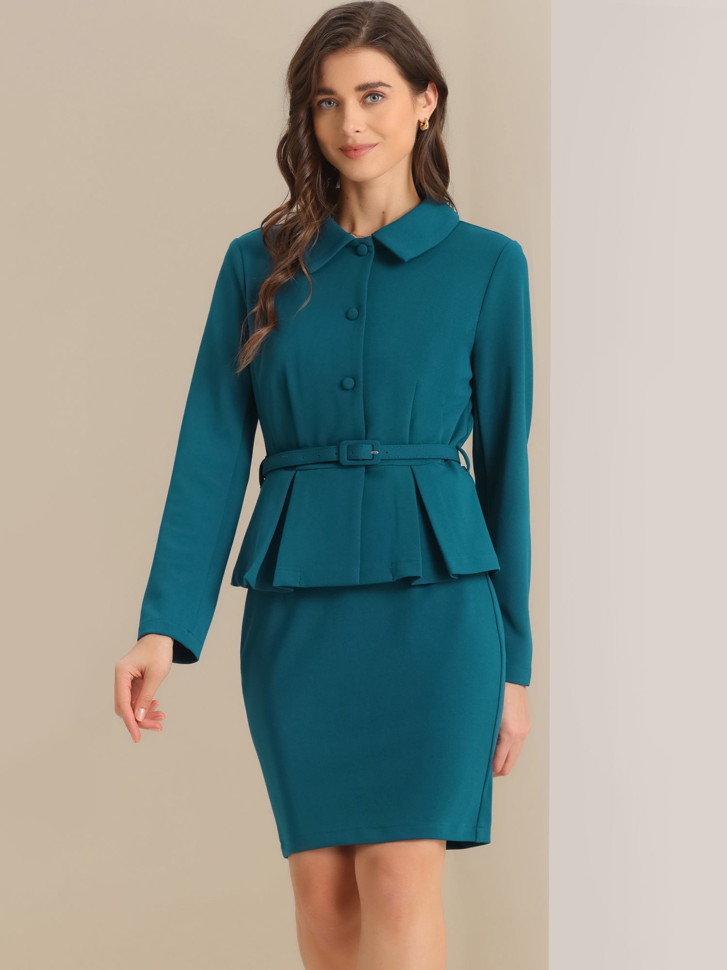 2pc Business Suits Belted Peplum Blazer Jacket and Pencil Skirt Sets