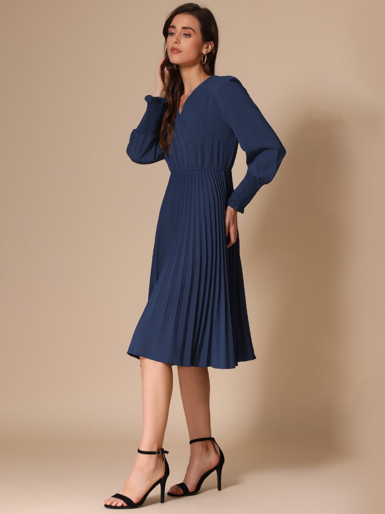 Smocked Long Sleeve Flowy A-Line Midi Pleated Dress