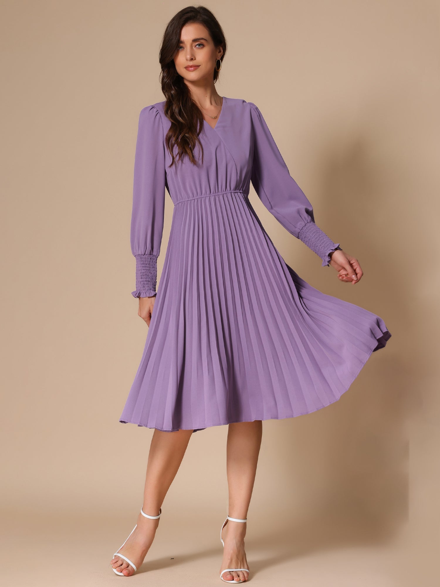 Smocked Long Sleeve Flowy A-Line Midi Pleated Dress