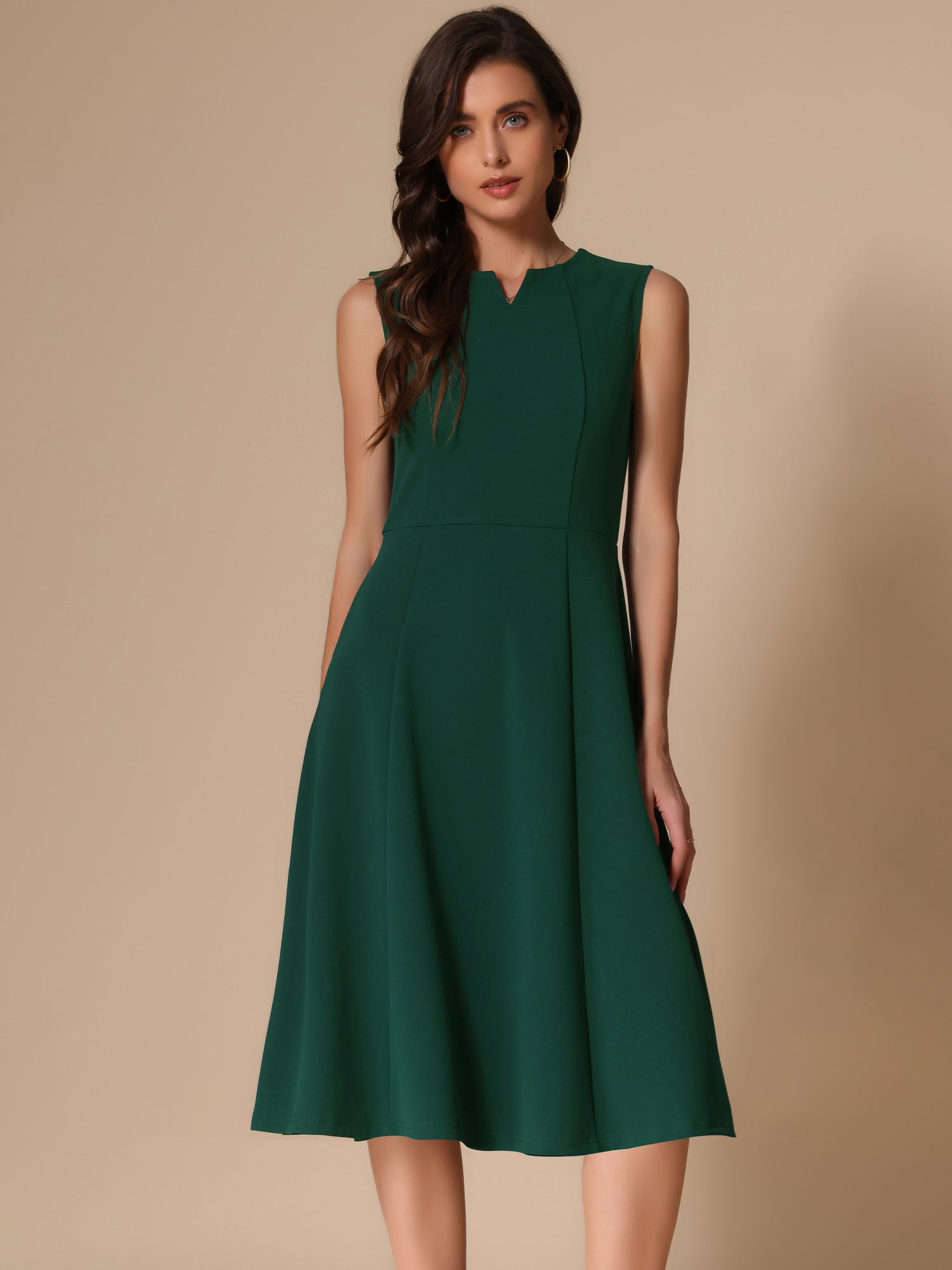 Notch Neck Pocketed Work Office A-Line Midi Dress