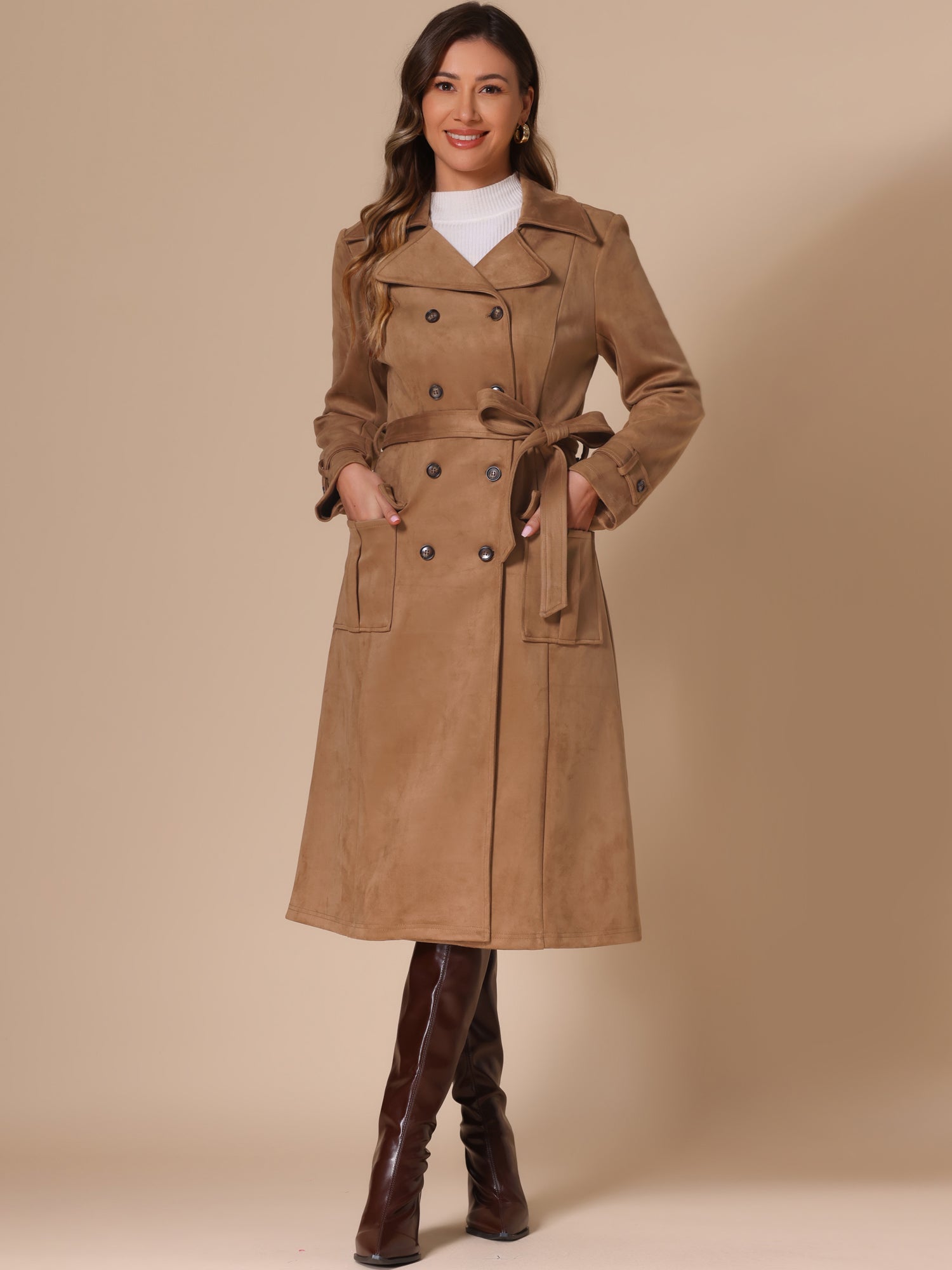Faux Suede Notched Lapel Double Breasted Belted Long Sleeve Trench Coat