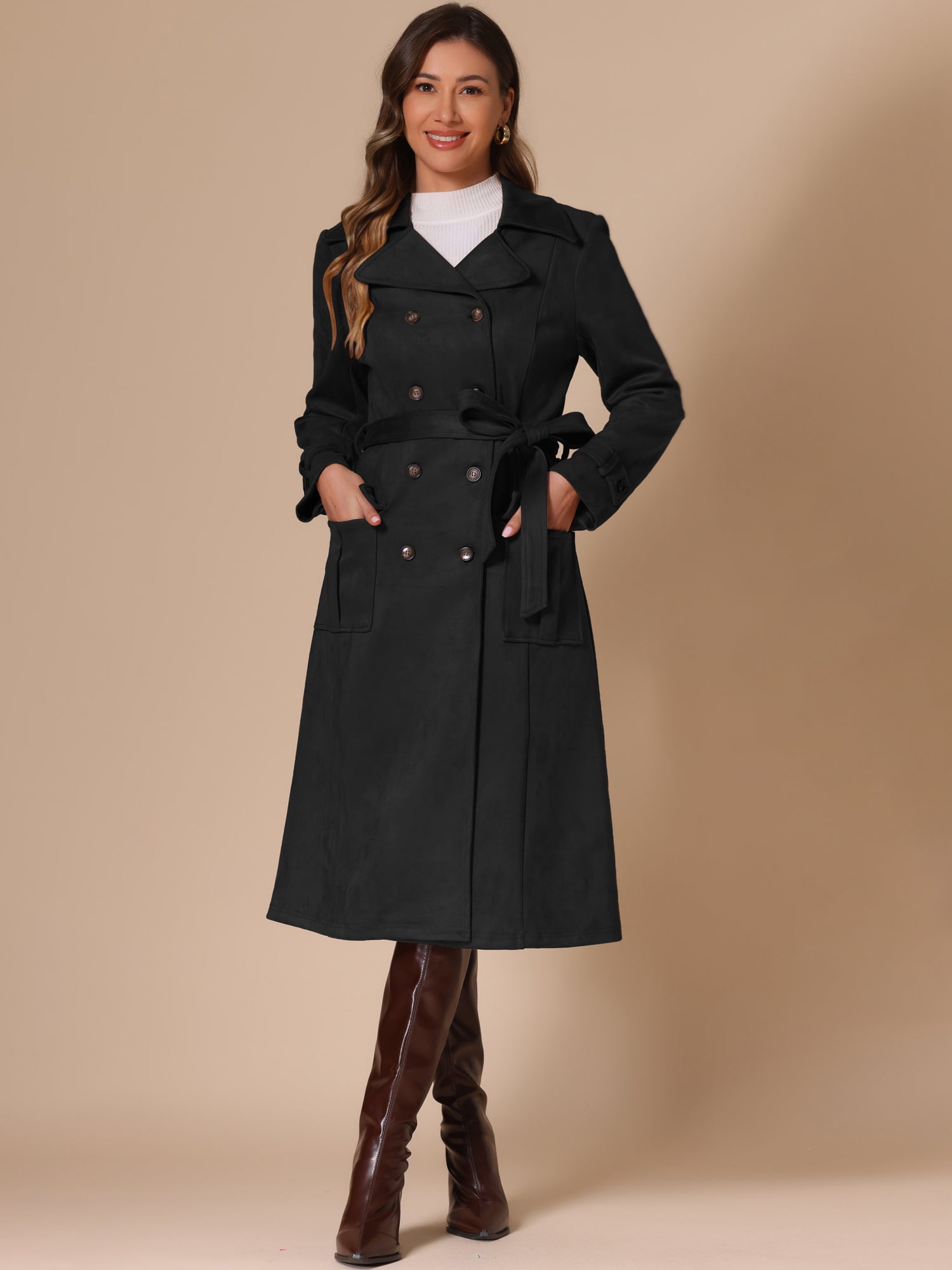 Faux Suede Notched Lapel Double Breasted Belted Long Sleeve Trench Coat