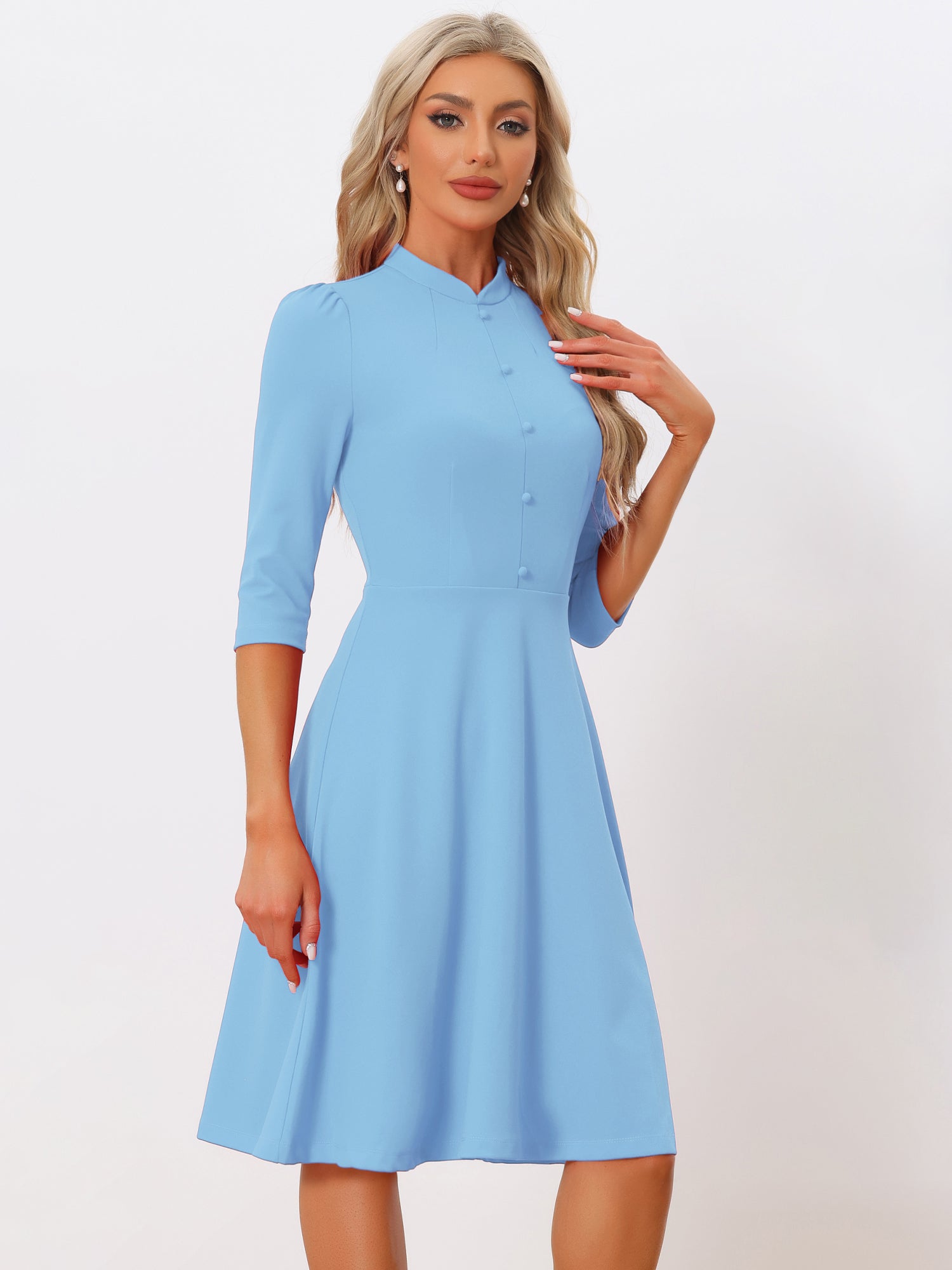 Retro 3/4 Sleeve Stand Collar Office Work Elegant A-Line Dress