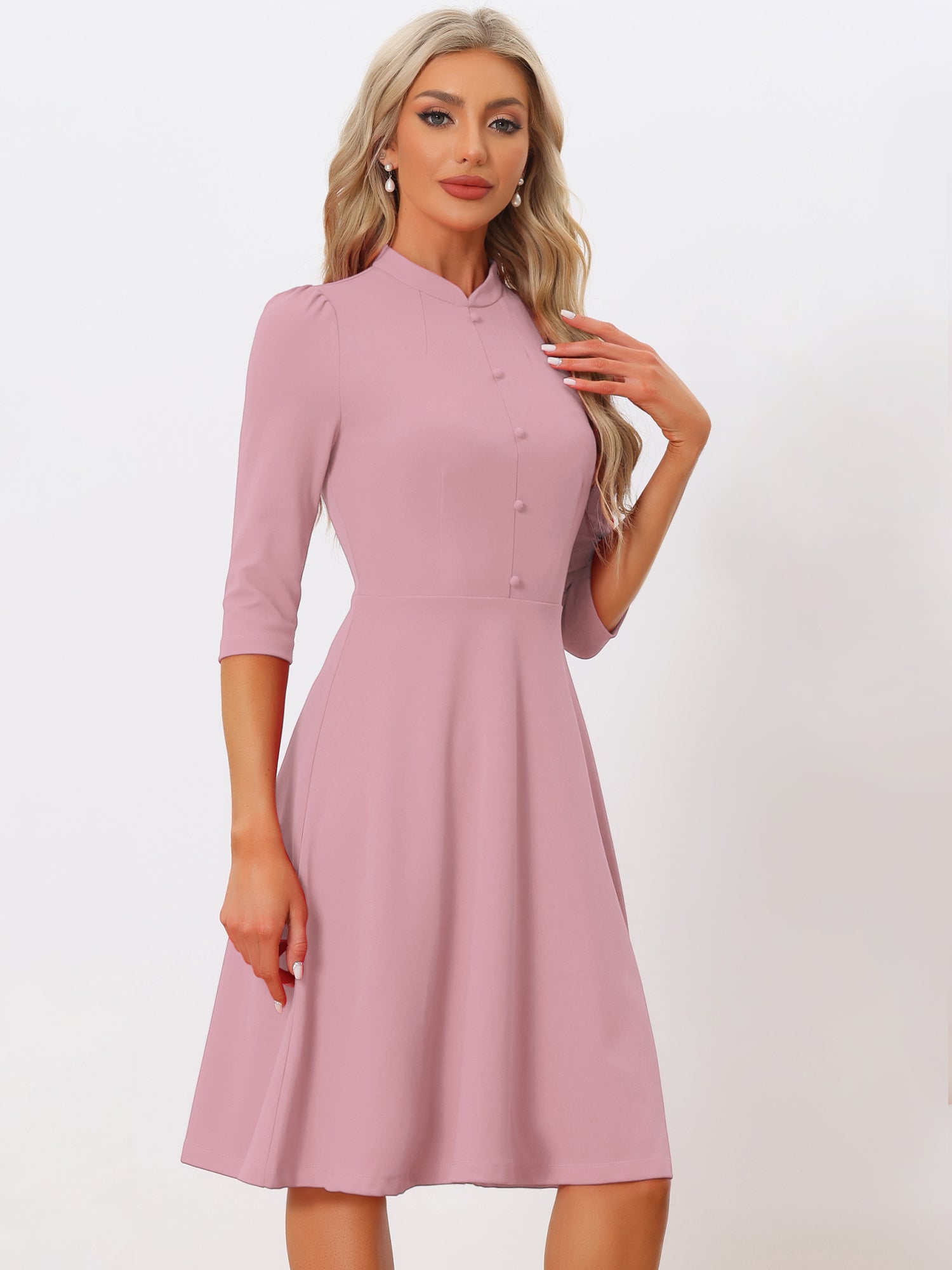 Retro 3/4 Sleeve Stand Collar Office Work Elegant A-Line Dress