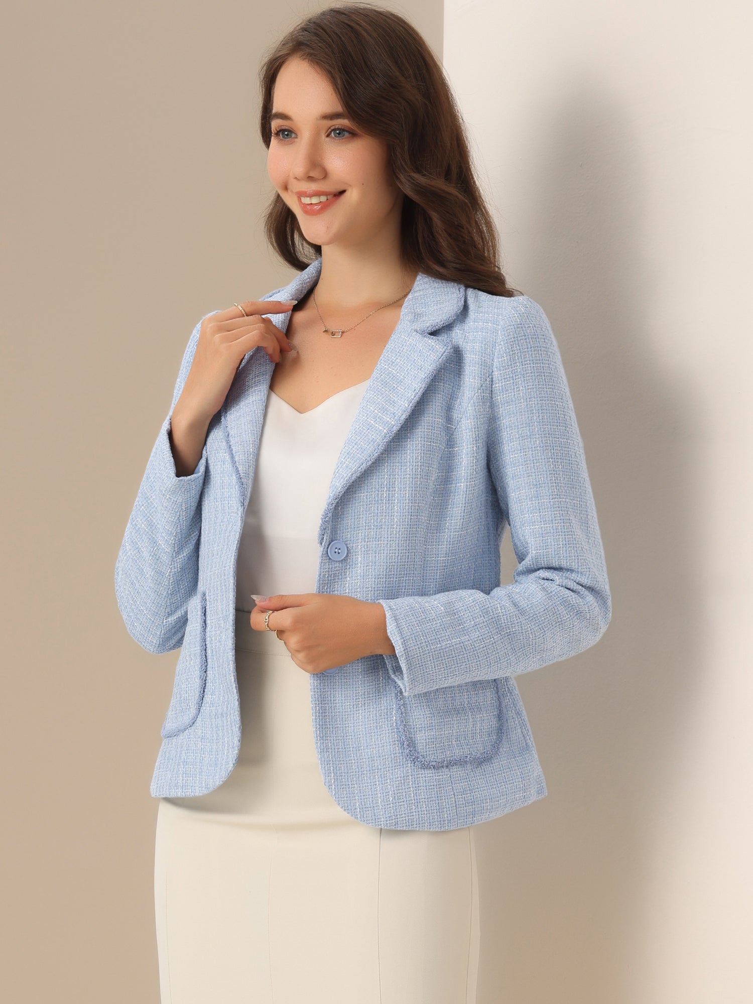 Plaid Tweed Notched Lapel Button Long Sleeve Blazer Jackets