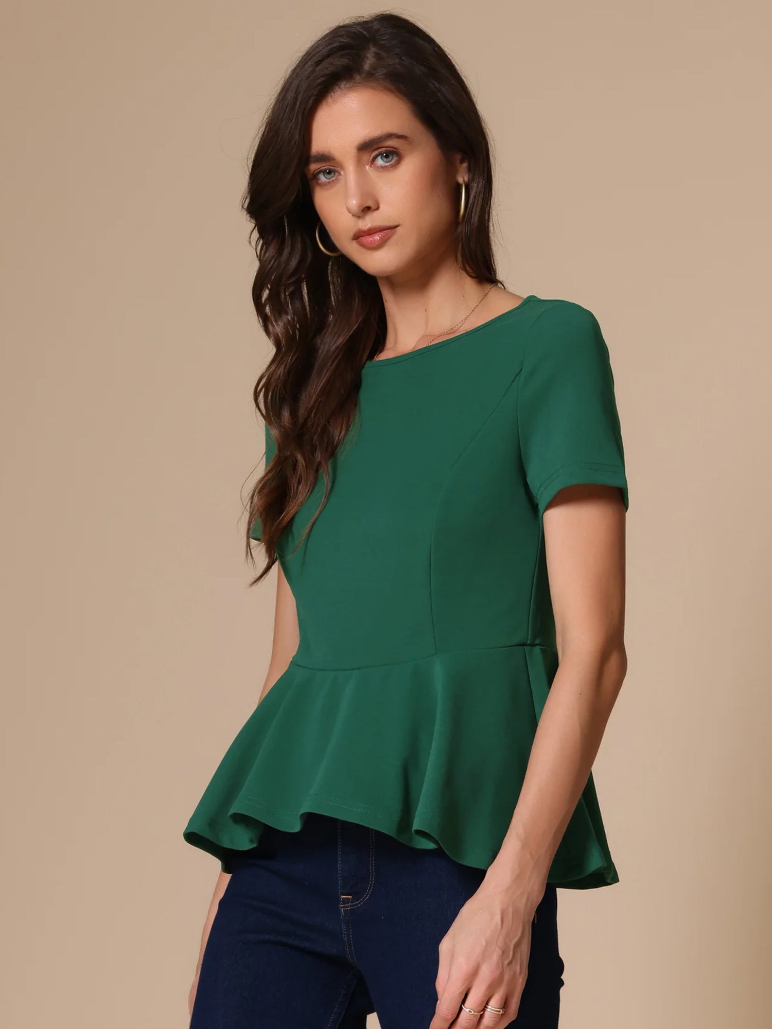 Short Sleeve Round Neck Solid Color Peplum Blouse