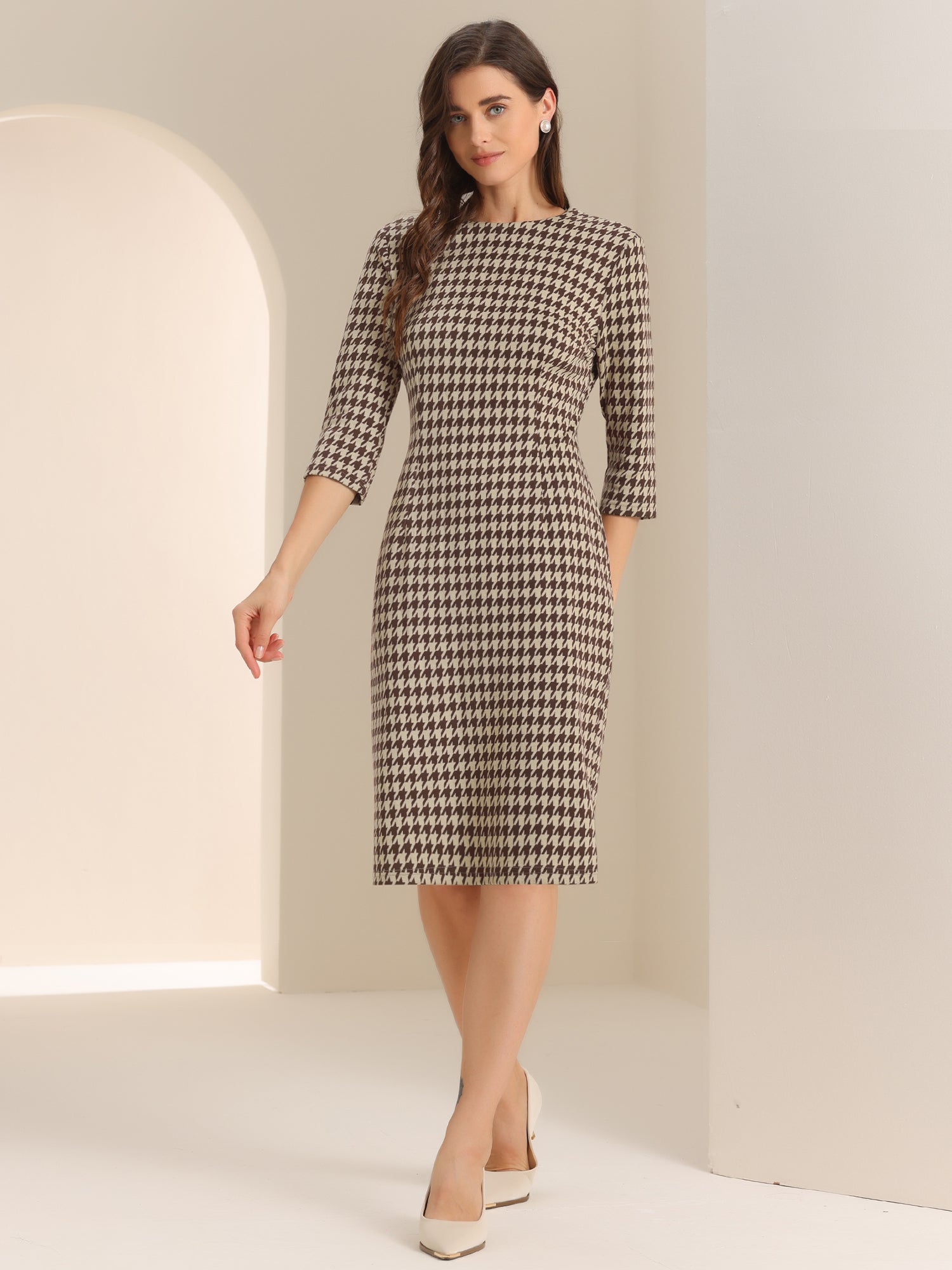 Houndstooth 3/4 Sleeve Elegant Cinched Waist Sheath Dress
