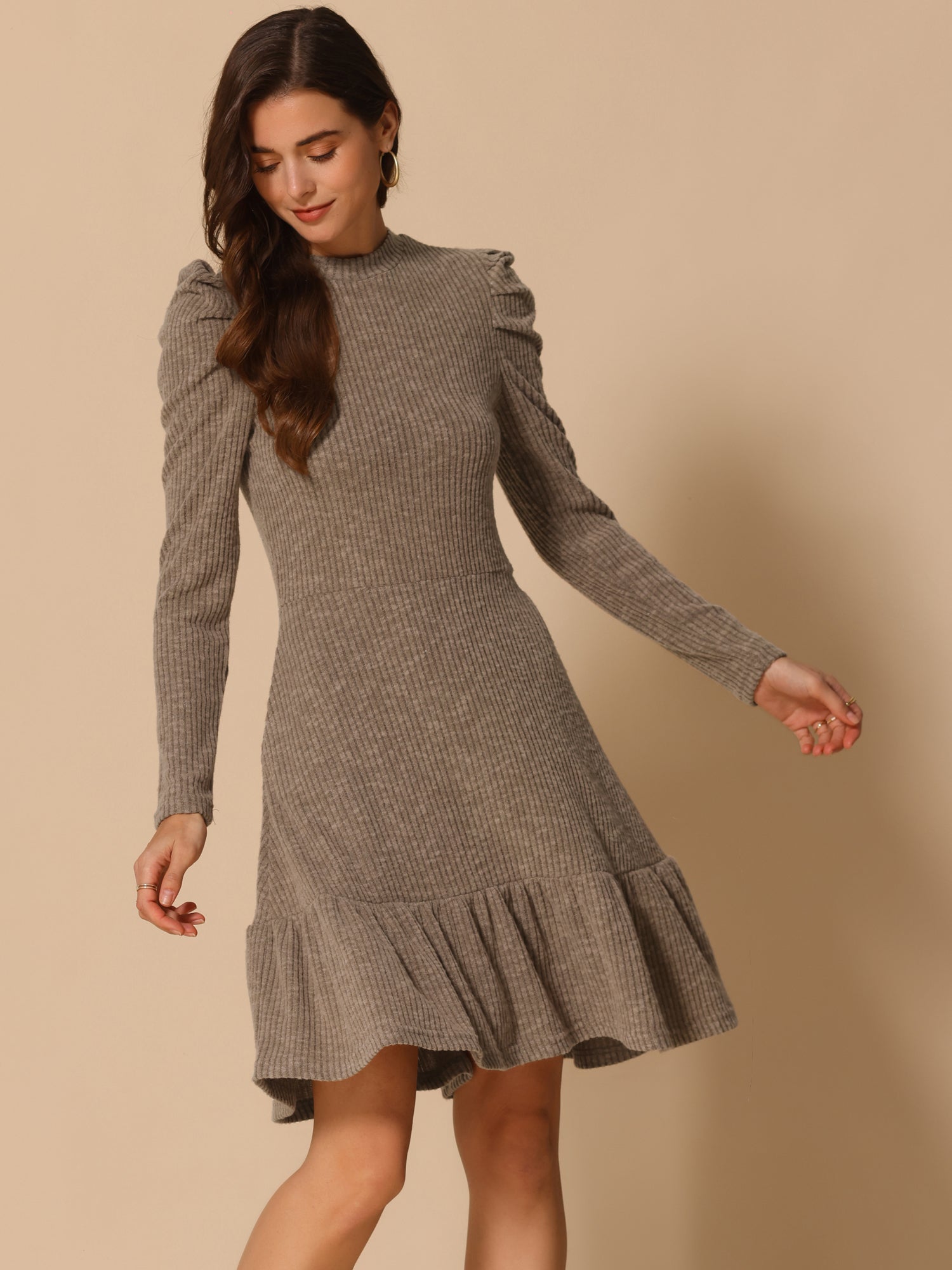 Stretchy Puff Long Sleeve Ruffle Hem Knit Midi Sweater Dress