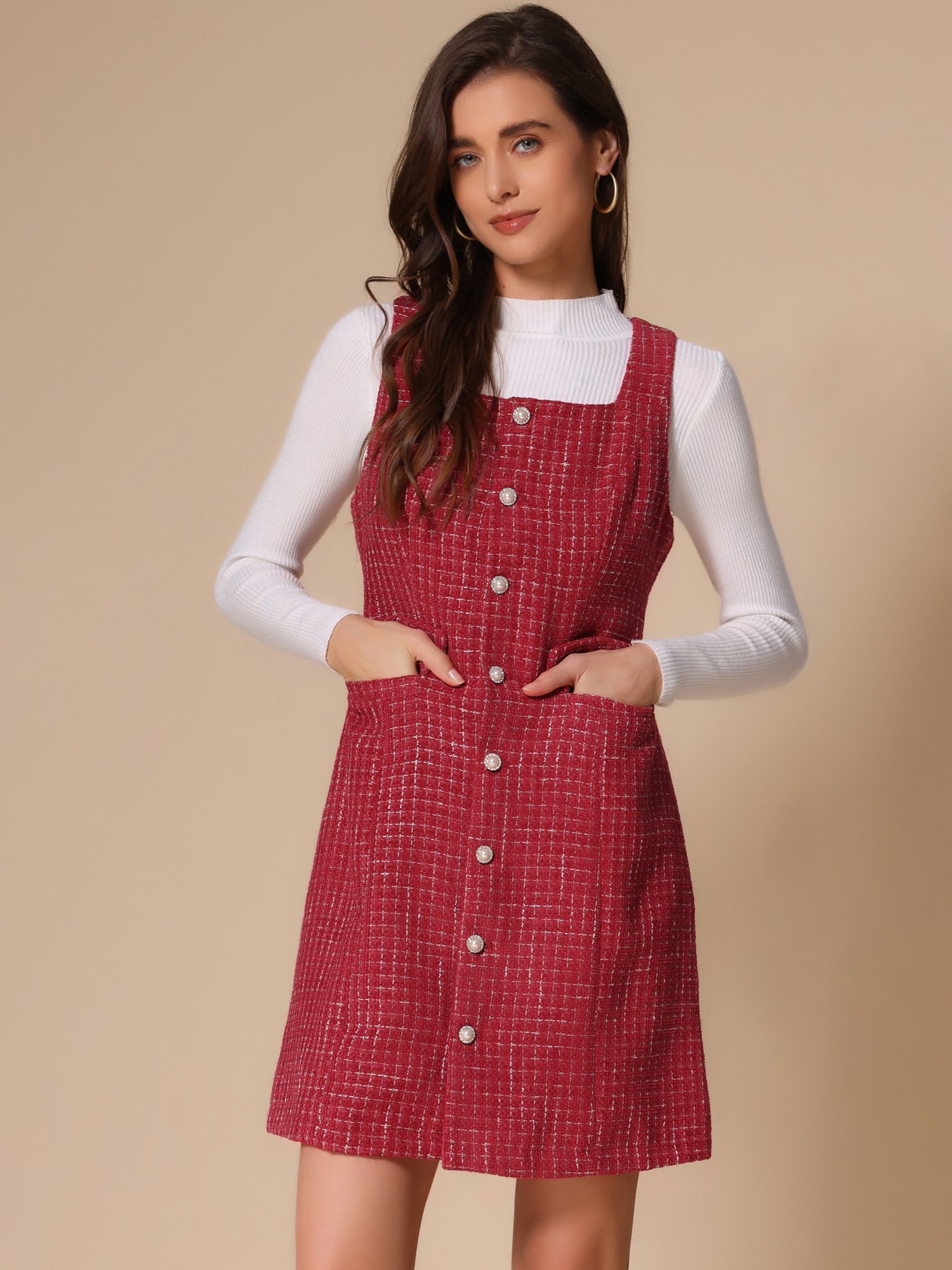 Tweed Sleeveless Button Up Pockets A-Line Pinafore Overall Dress