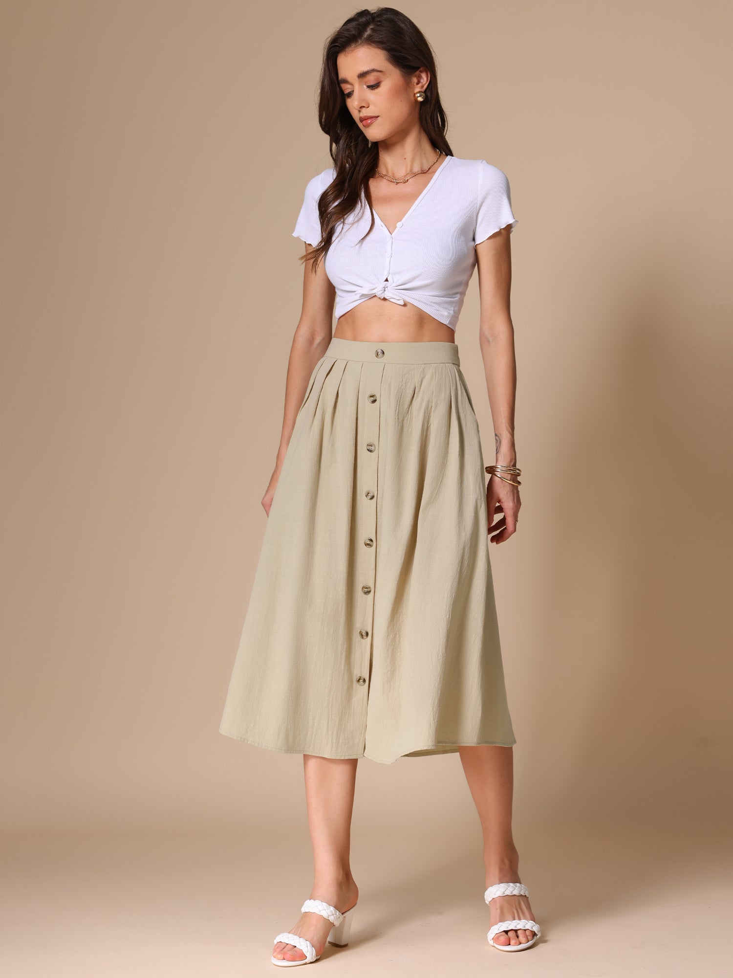 A-Line Elastic Waist Button Front Pocketed Midi Skirt