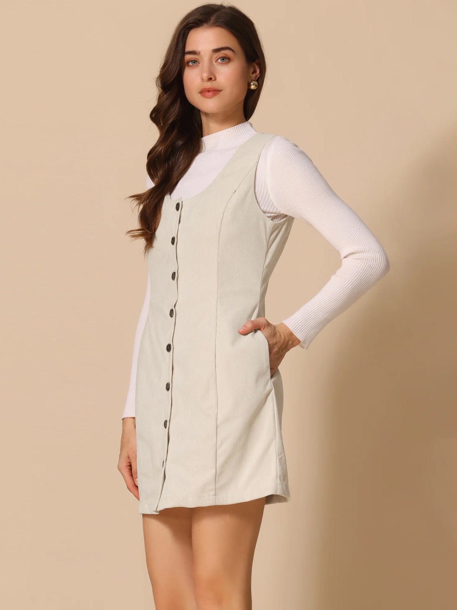Corduroy Overall Scoop Neck Sleeveless Button Pinefore Dress