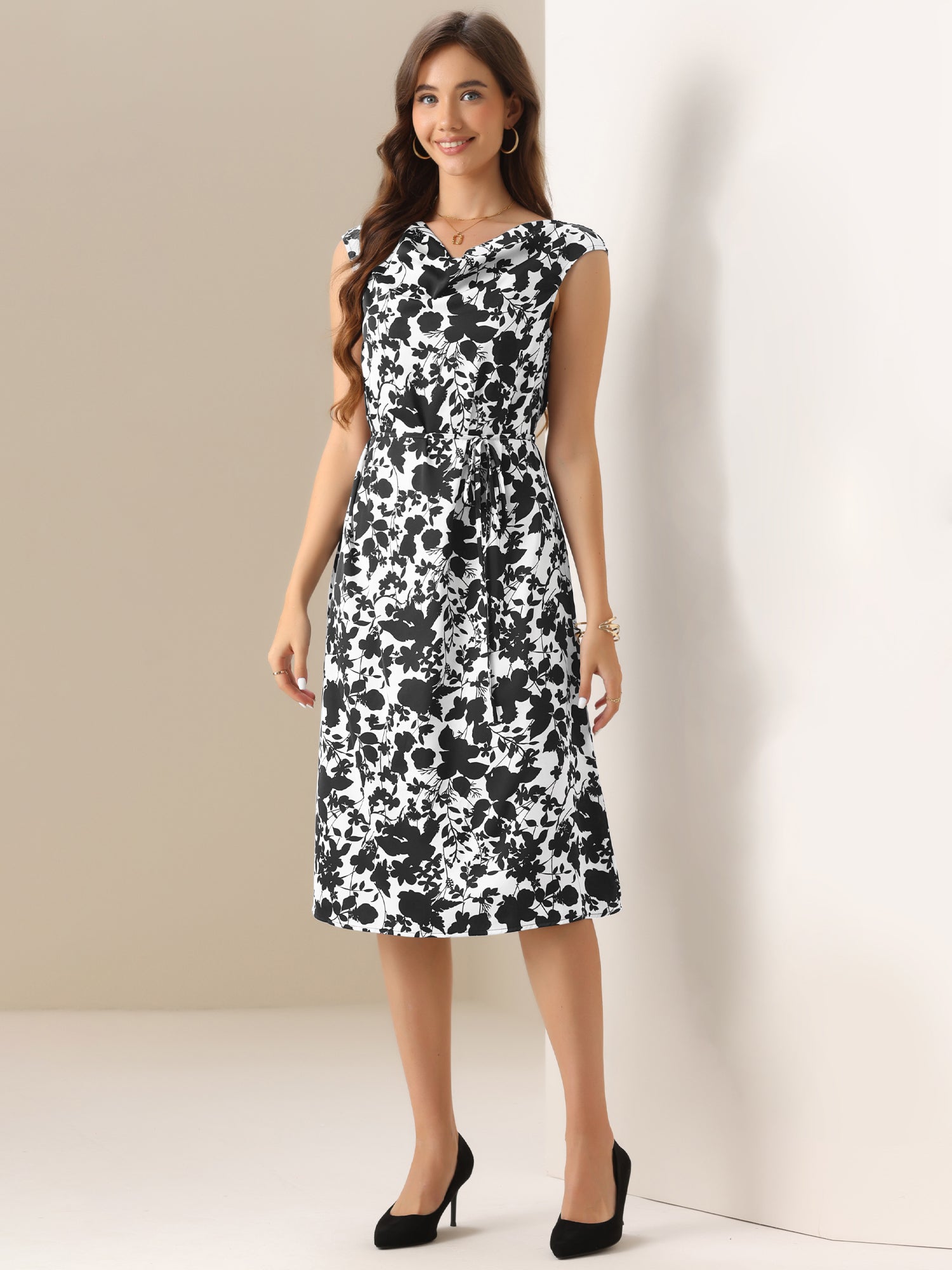 Floral Cowl Neck Cap Sleeve Midi Dress