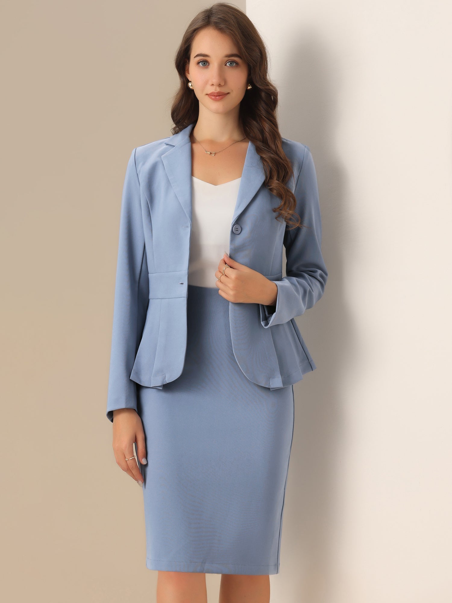 2 Piece Long Sleeve Notched Lapel Peplum Blazer Pencil Skirt Suit Set