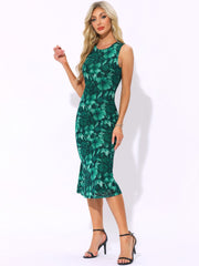 Mesh Floral Sleeveless Bodycon Cocktail Midi Dress