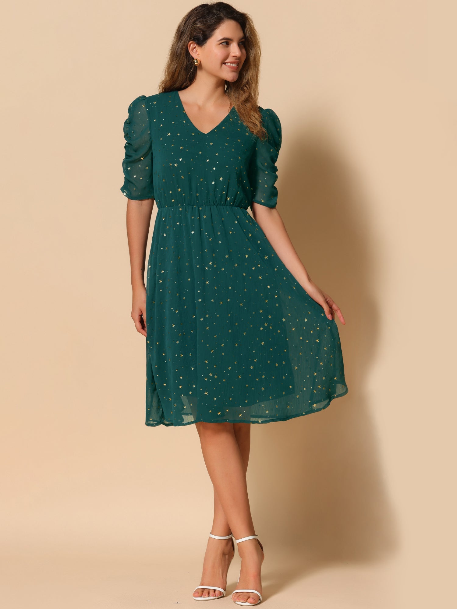 Metallic Stars Ruched Sleeve V Neck A-line Chiffon Dress