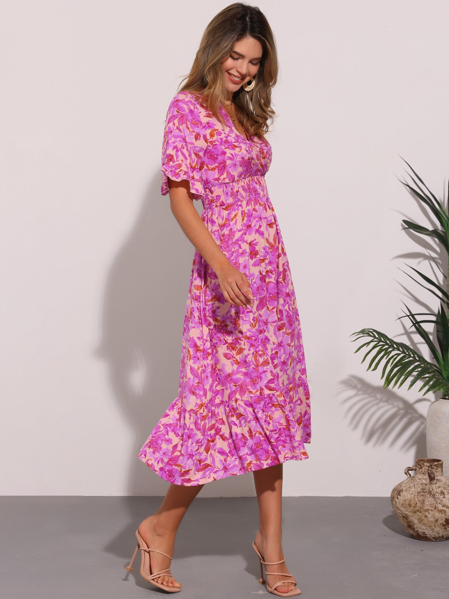 Floral Ruffled Hem Short Sleeve Smock Midi Dress