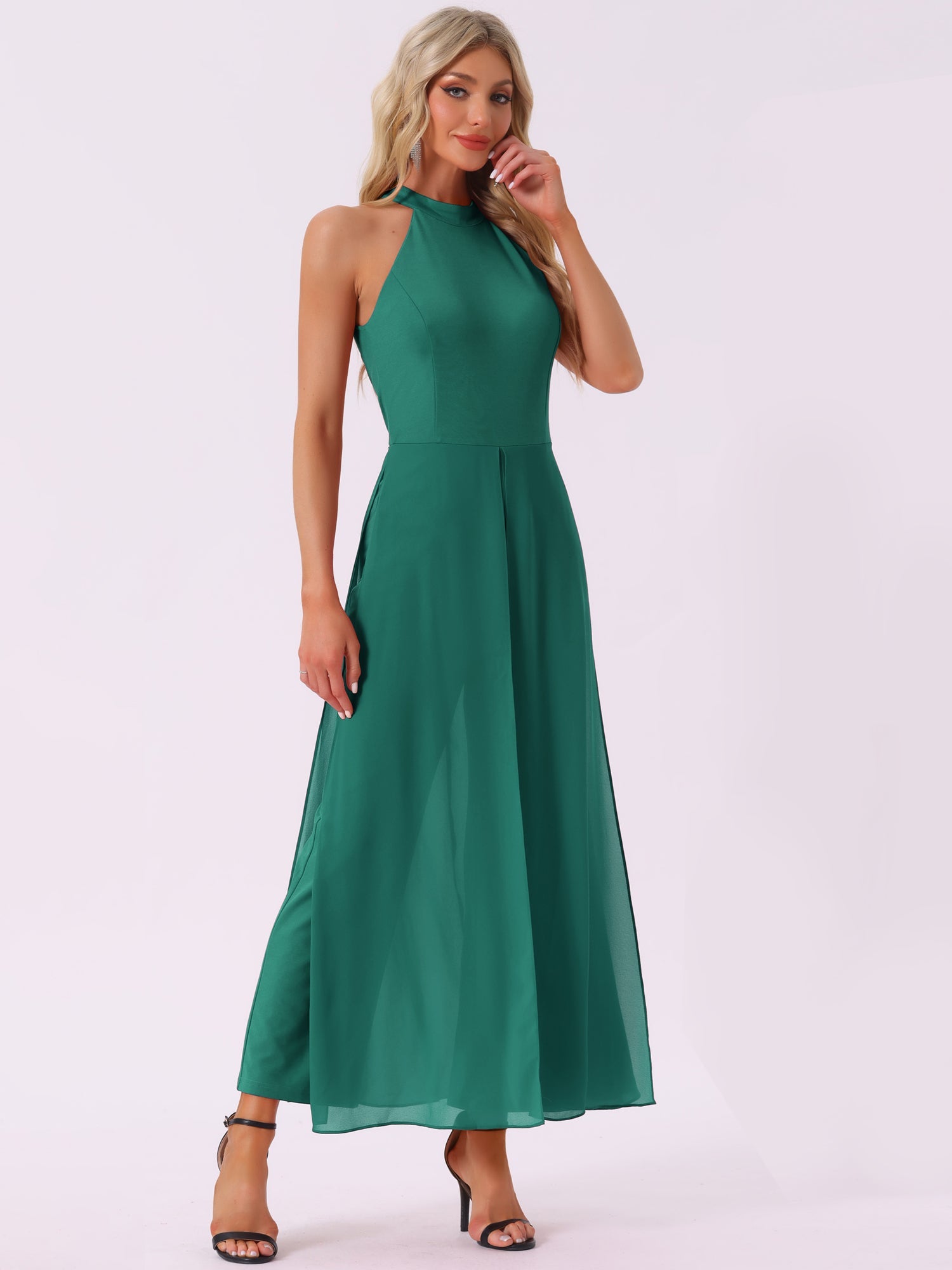 Sleeveless Halter Neck Belted Elegant Wedding Cocktail Dressy Jumpsuits