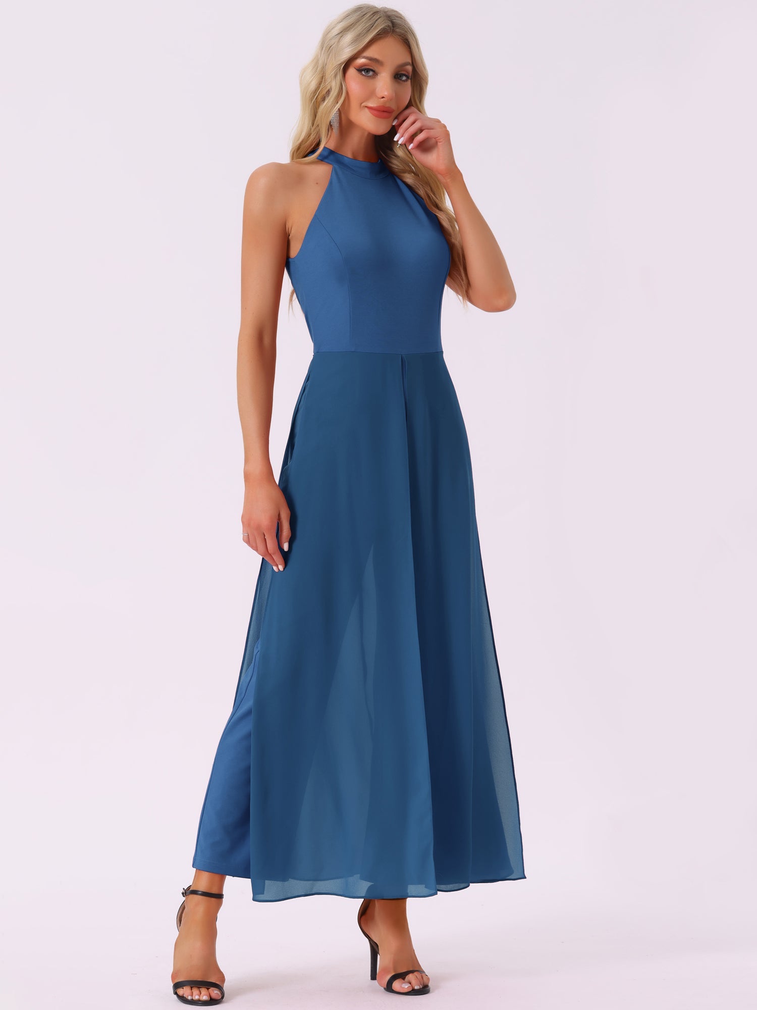 Sleeveless Halter Neck Belted Elegant Wedding Cocktail Dressy Jumpsuits