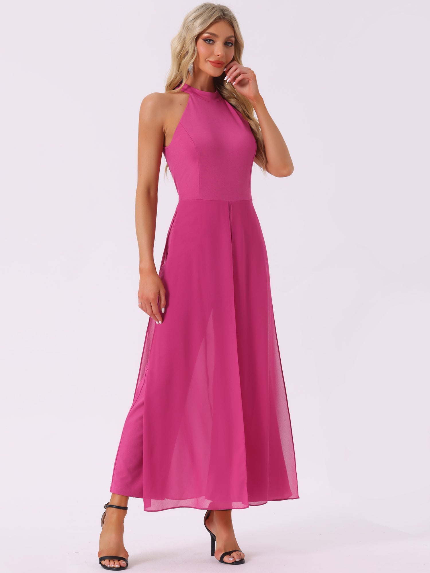 Sleeveless Halter Neck Belted Elegant Wedding Cocktail Dressy Jumpsuits