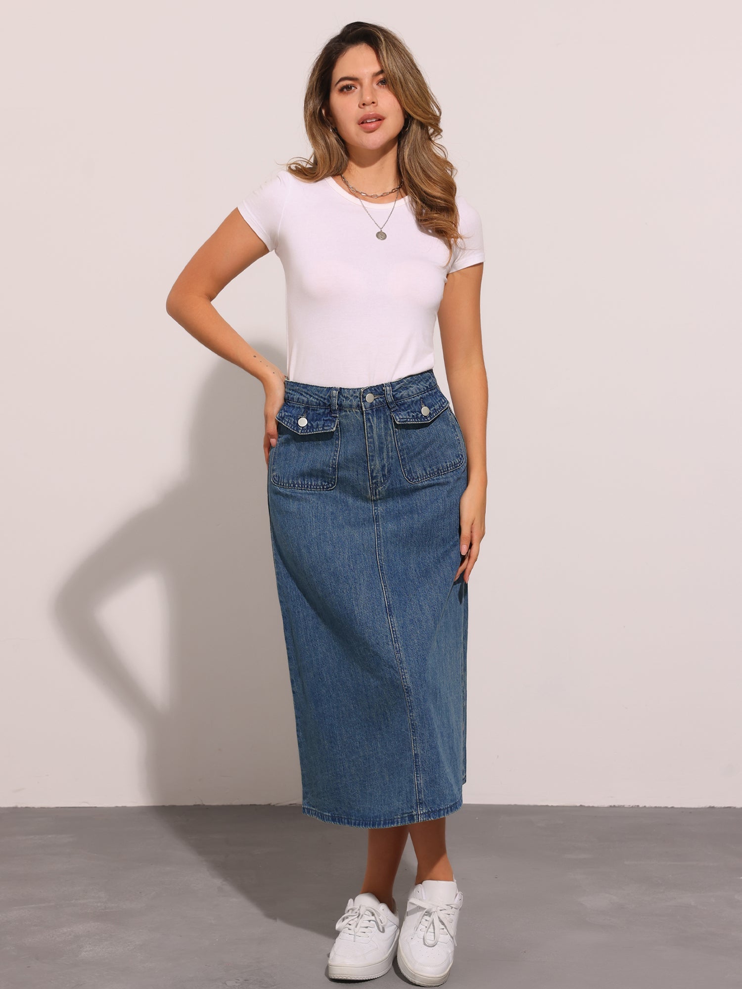 Casual High Waisted Flap Pocket A-Line Long Denim Jean Skirt