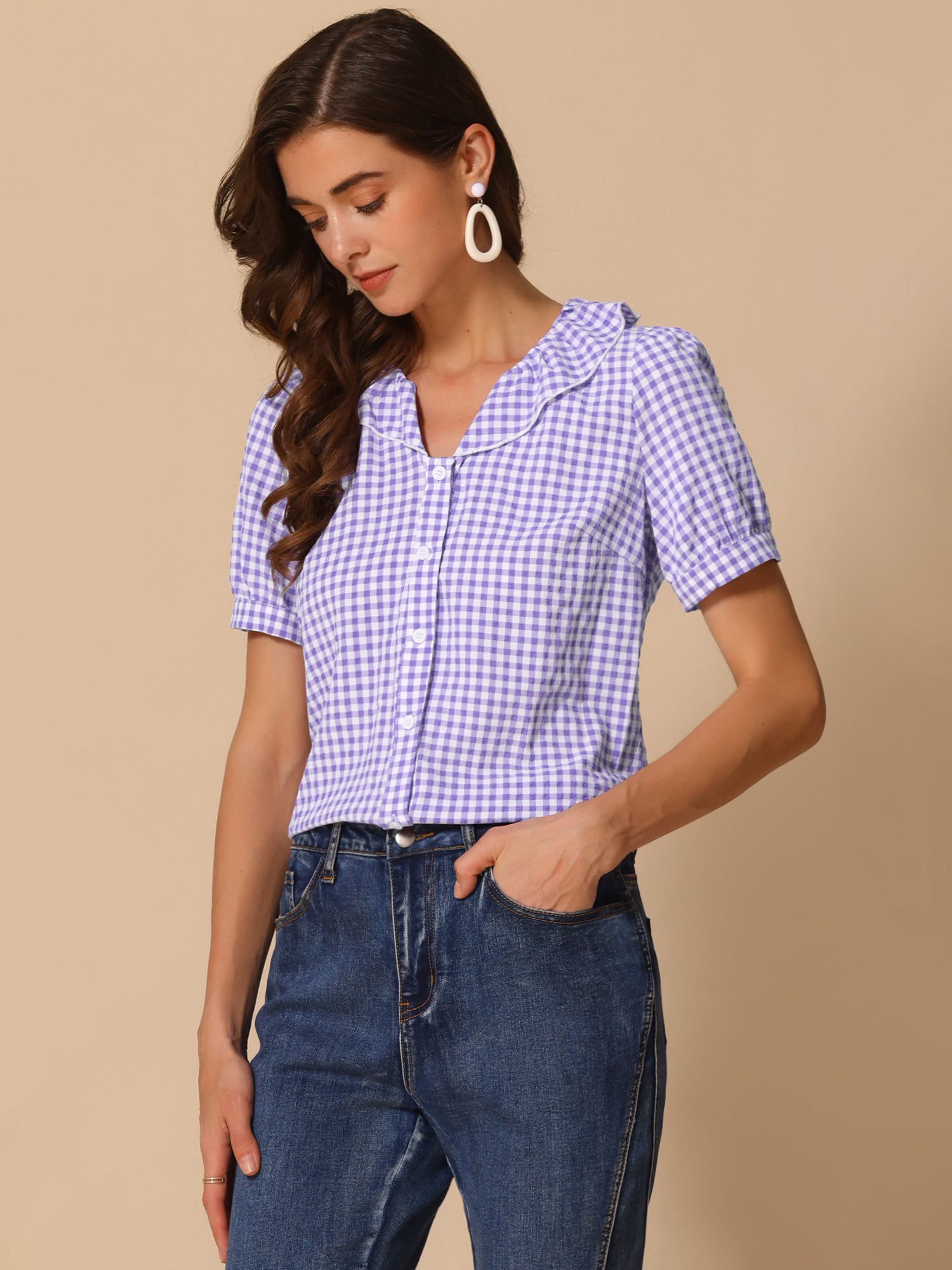 Plaid Blouse Puff Sleeve Ruffle Peter Pan Collar Shirt Top