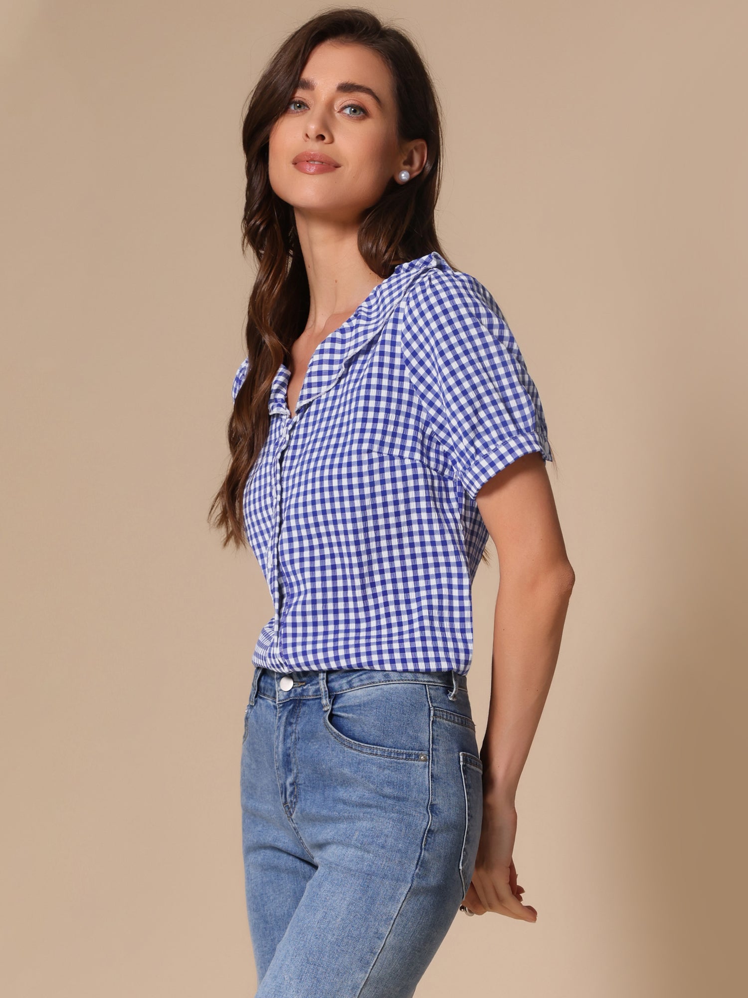 Plaid Blouse Puff Sleeve Ruffle Peter Pan Collar Shirt Top