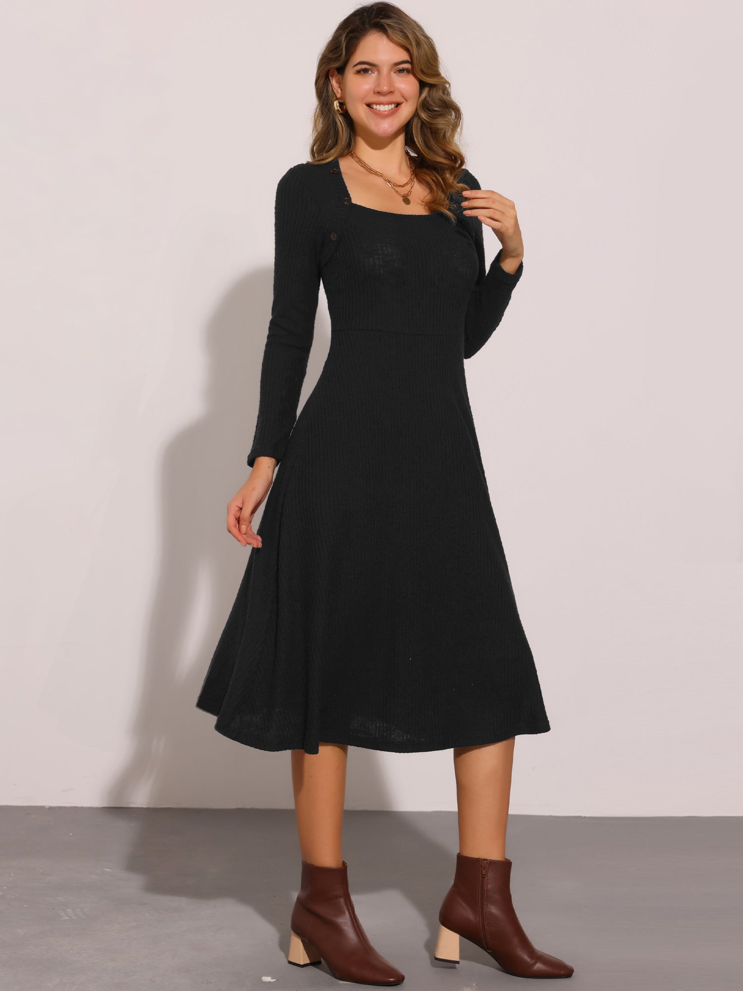 Casual Square Neck A-Line Pockets Midi Knitted Sweater Dress