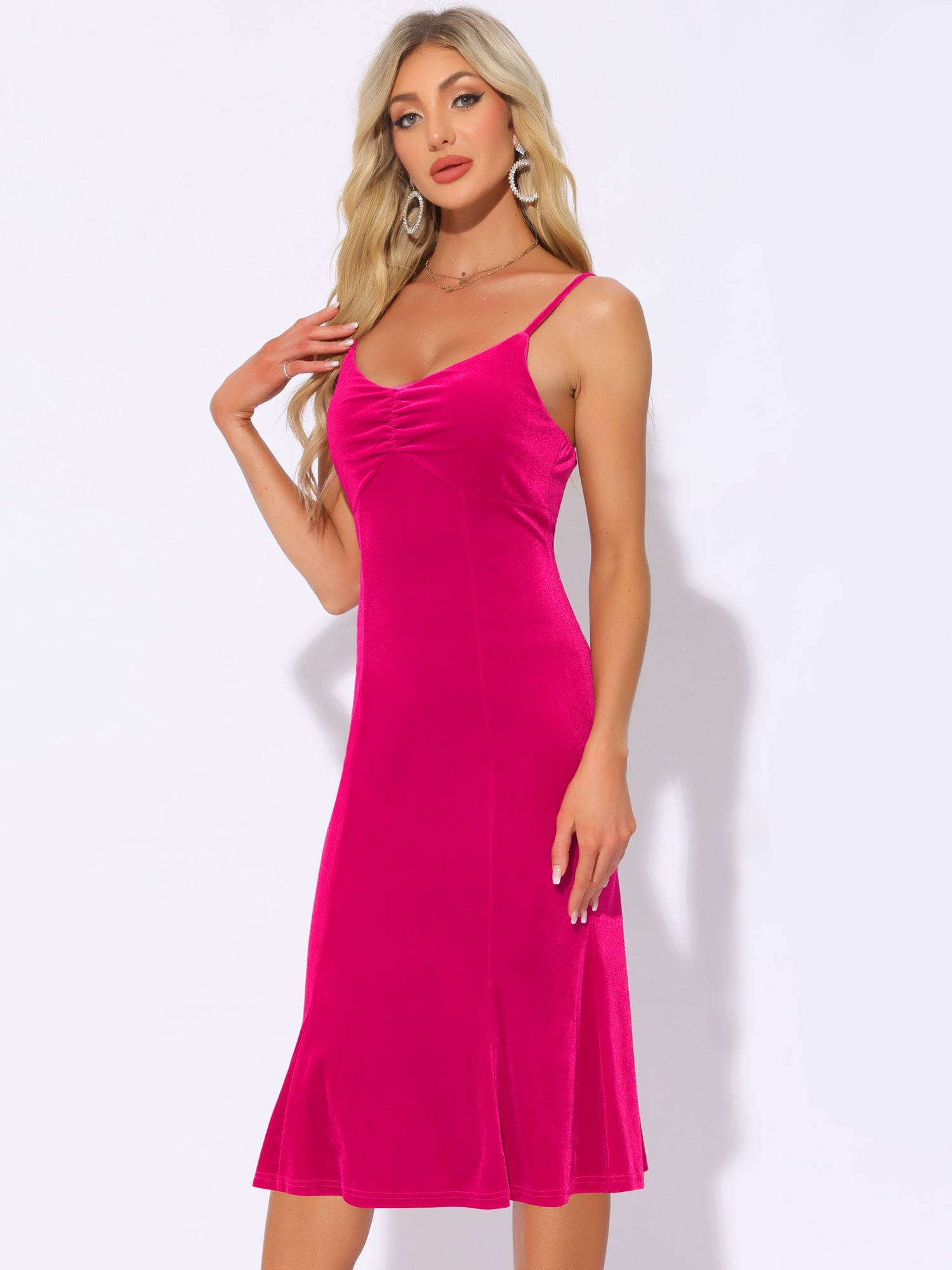 Spaghetti Straps V Neck Fishtail Cocktail Velvet Midi Dress