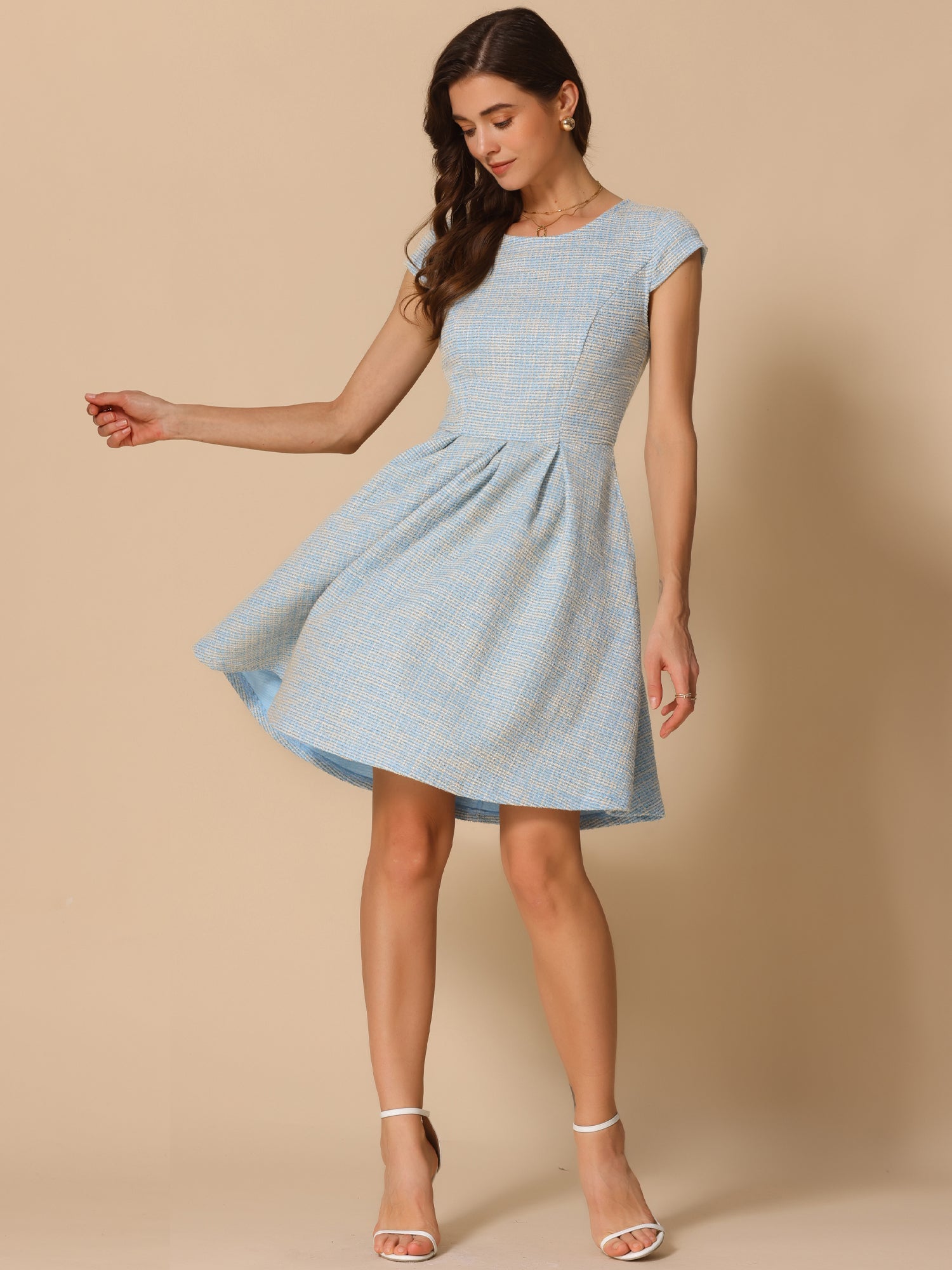 Plaid Tweed Round Neck Cap Sleeve A-Line Vintage Pleated Dress