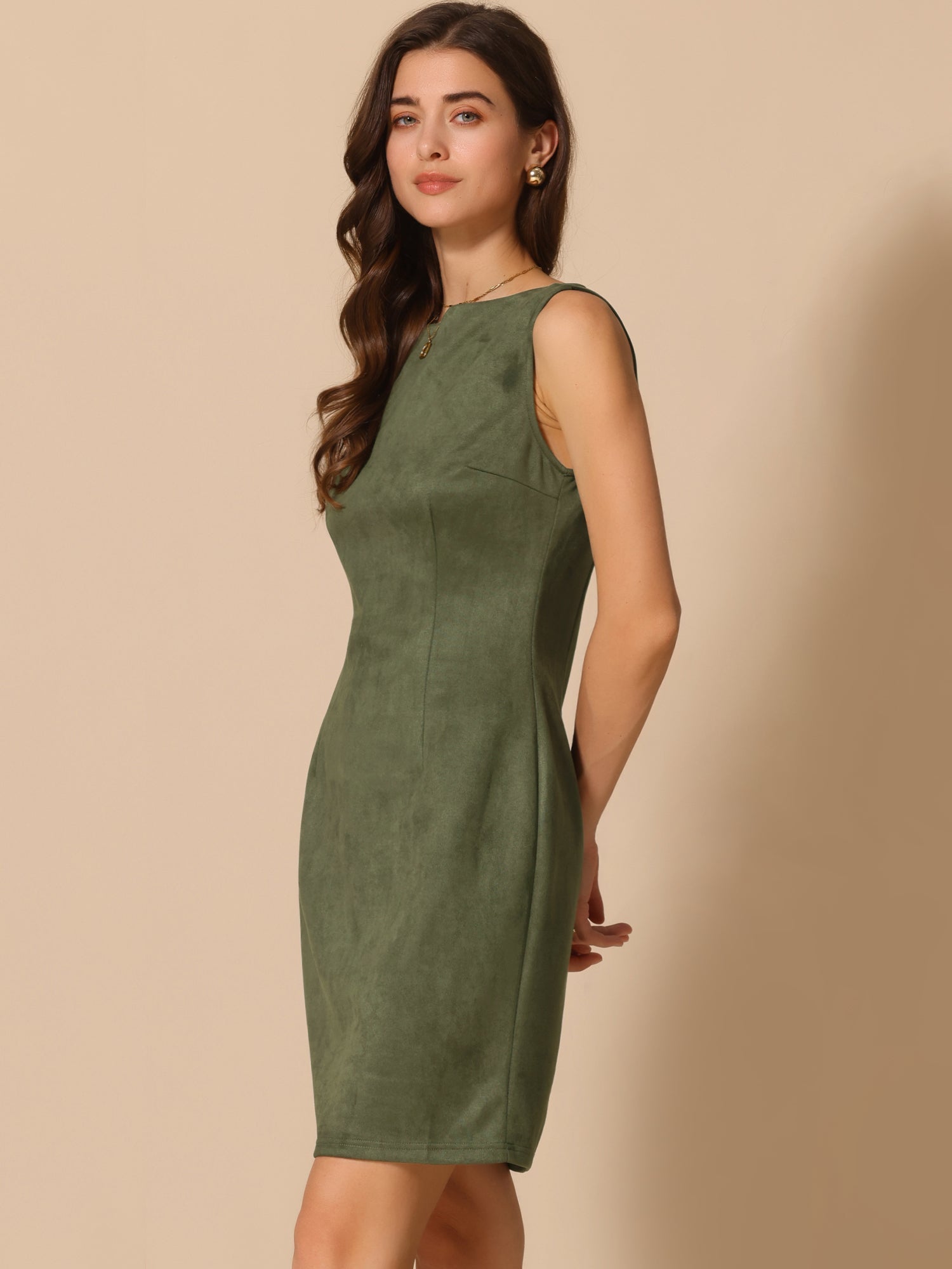Faux Suede Boat Neck Sleeveless Sheath Midi Dress