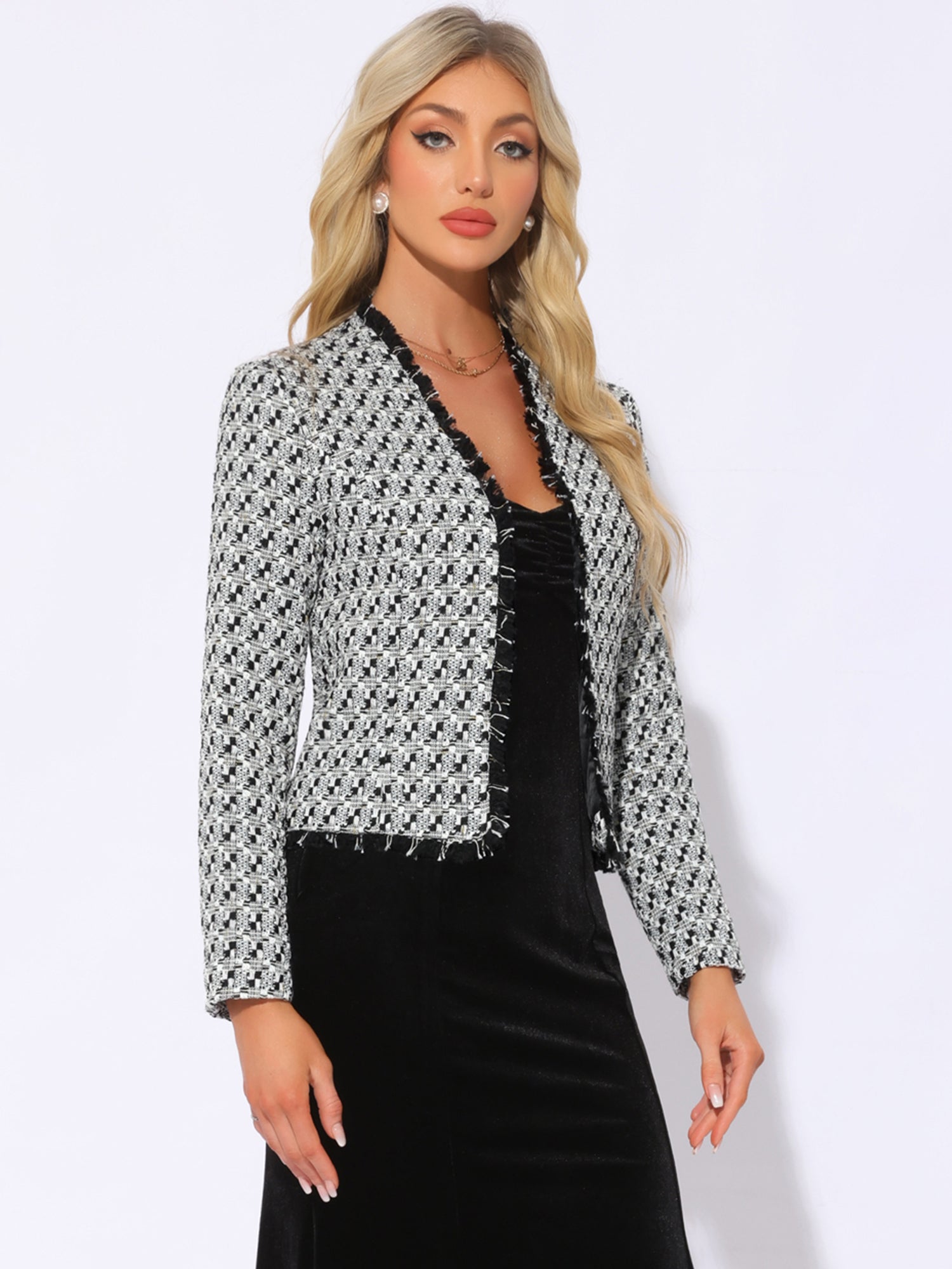 Plaid Tweed Long Sleeve Open Front Work Office Jacket