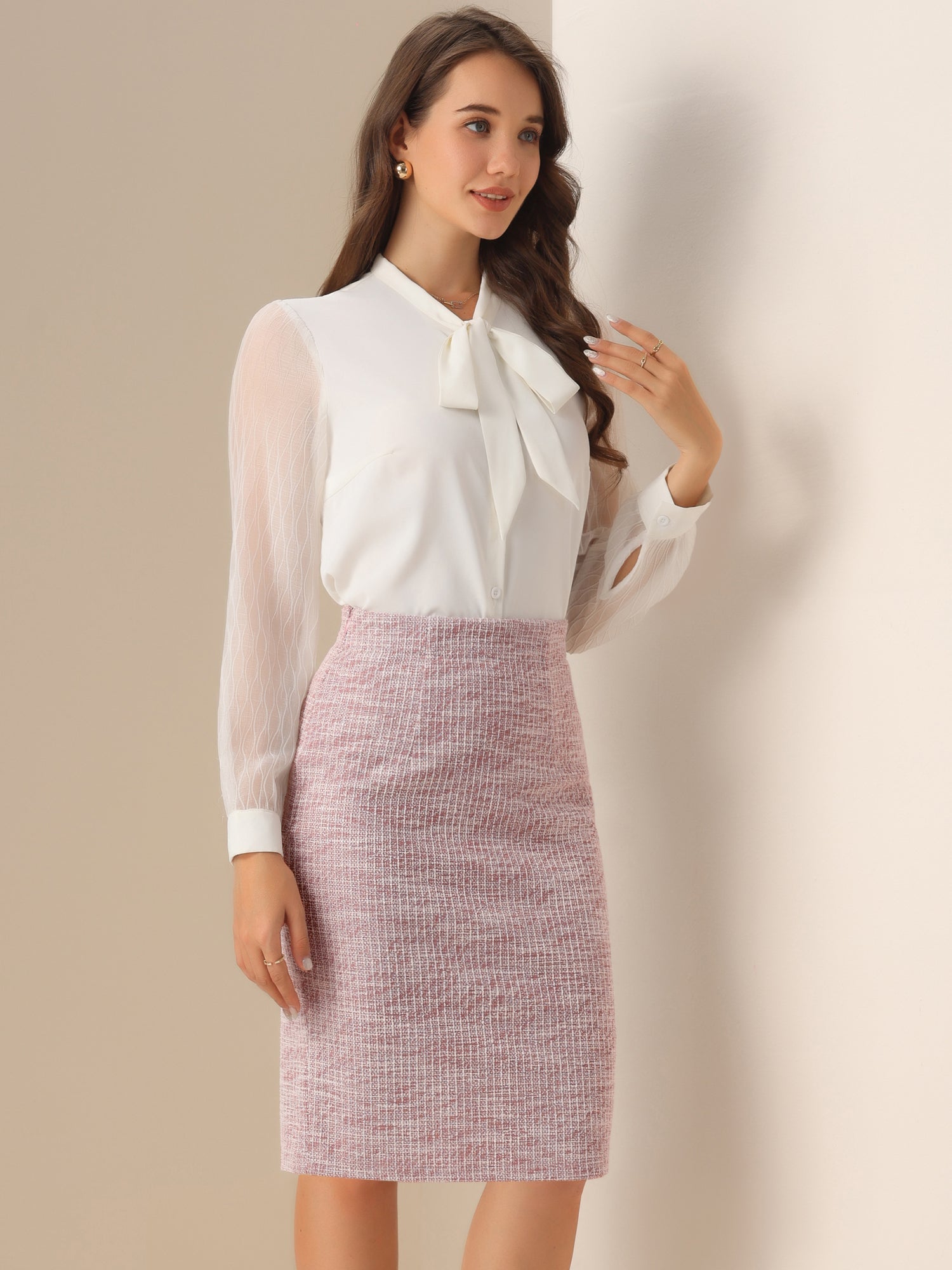 High Waist Split Office Pencil Plaid Tweed Midi Skirt
