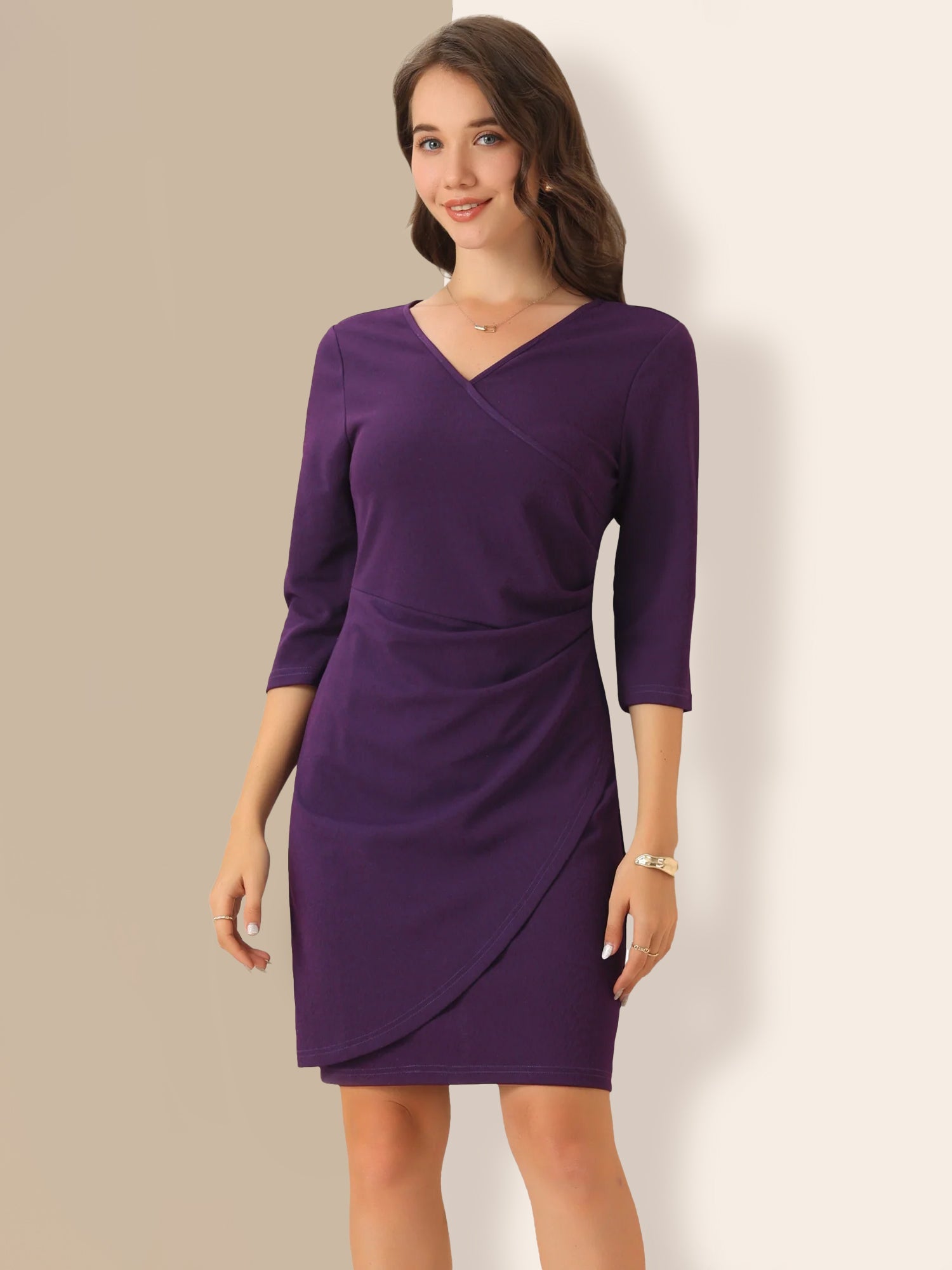 3/4 Sleeve Solid Color Ruched V Neck Midi Sheath Dress