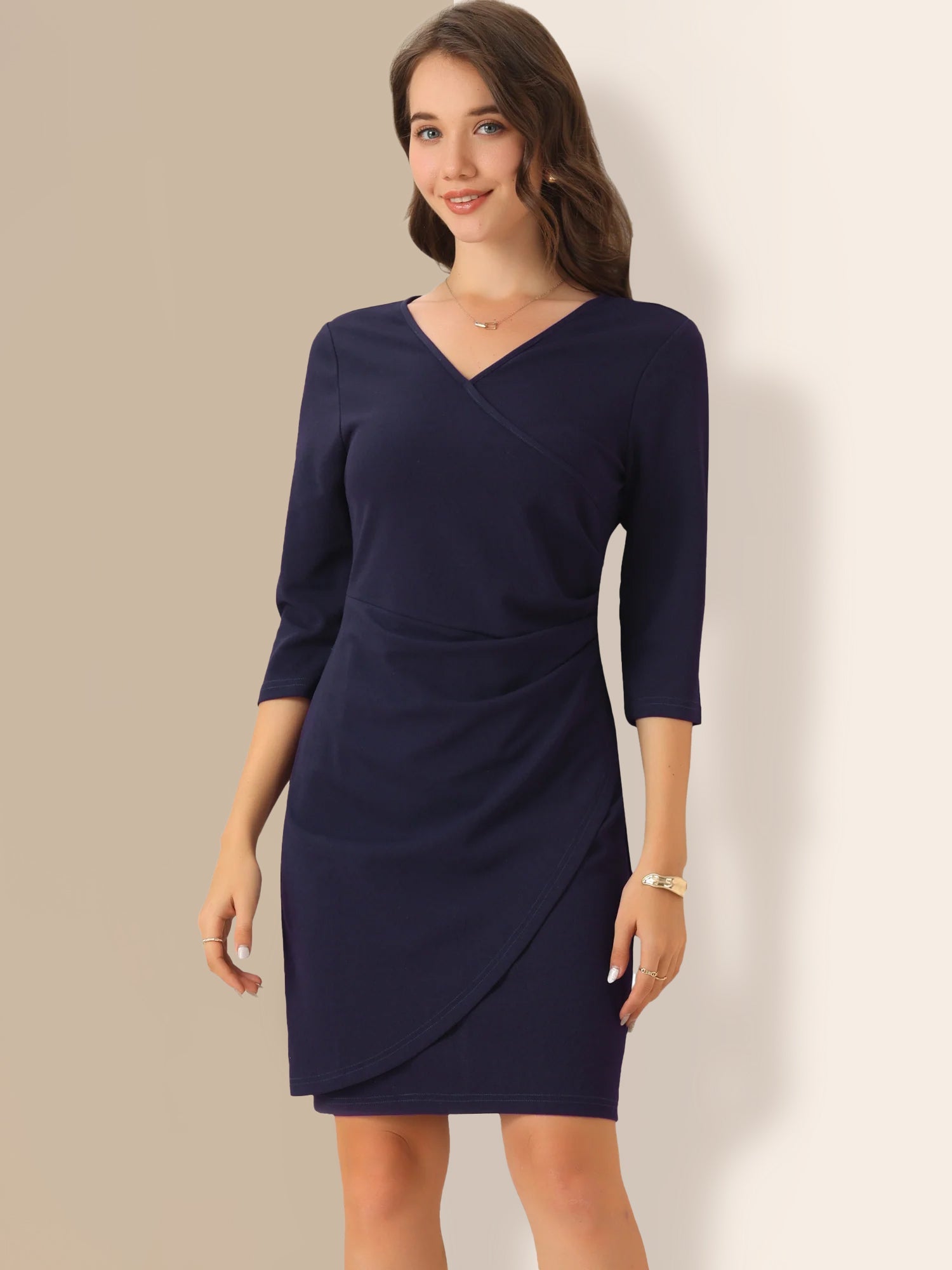 3/4 Sleeve Solid Color Ruched V Neck Midi Sheath Dress