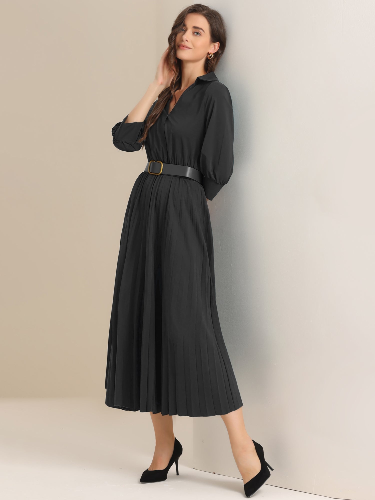 Collar V Neck Belted Dressy Casual Pleated Maxi Dress