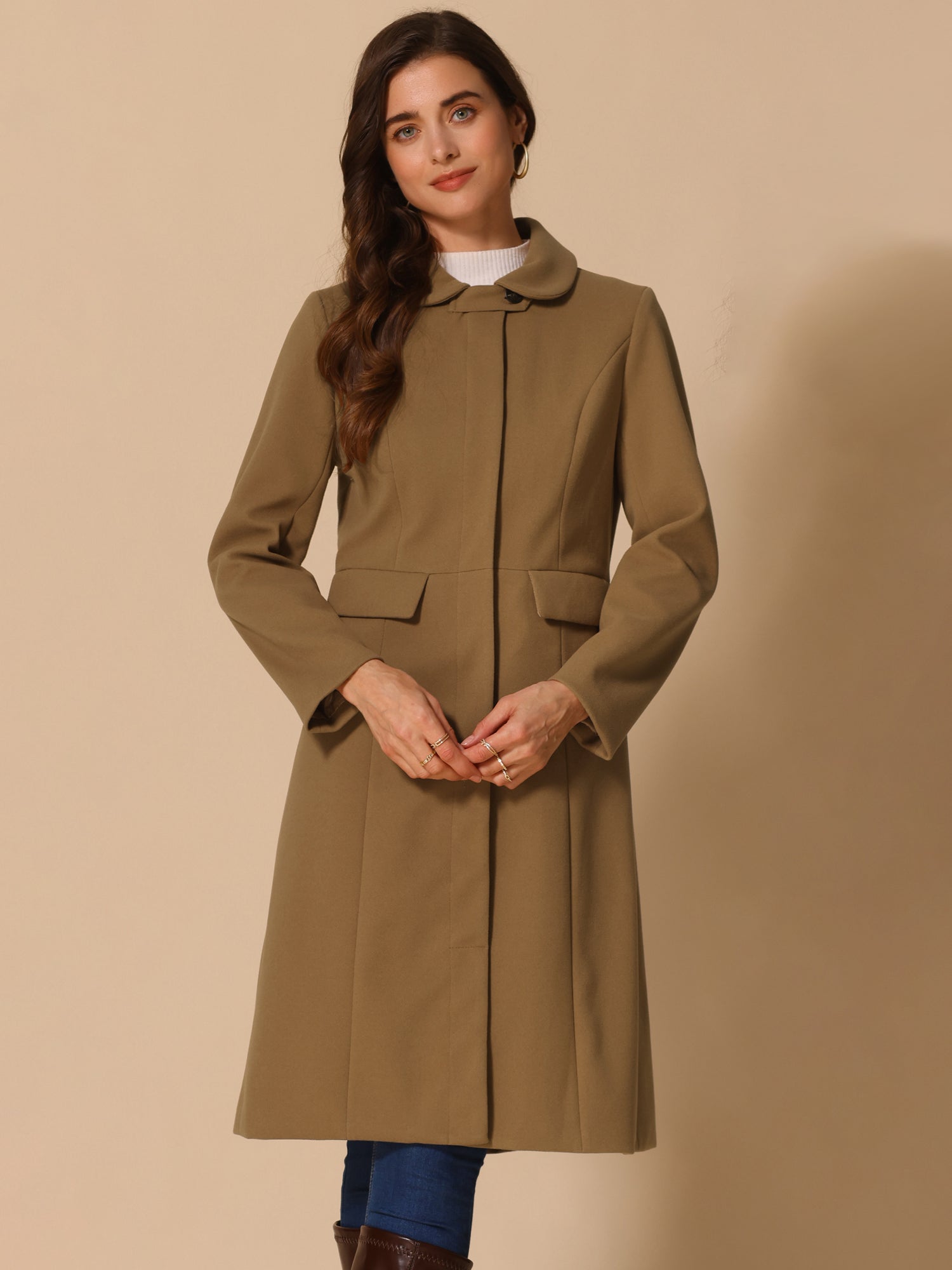 Peter Pan Collar Button Down Long Sleeve Pockets Long Winter Coat