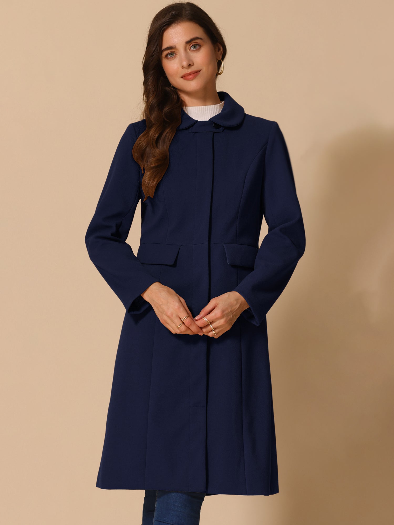 Peter Pan Collar Button Down Long Sleeve Pockets Long Winter Coat