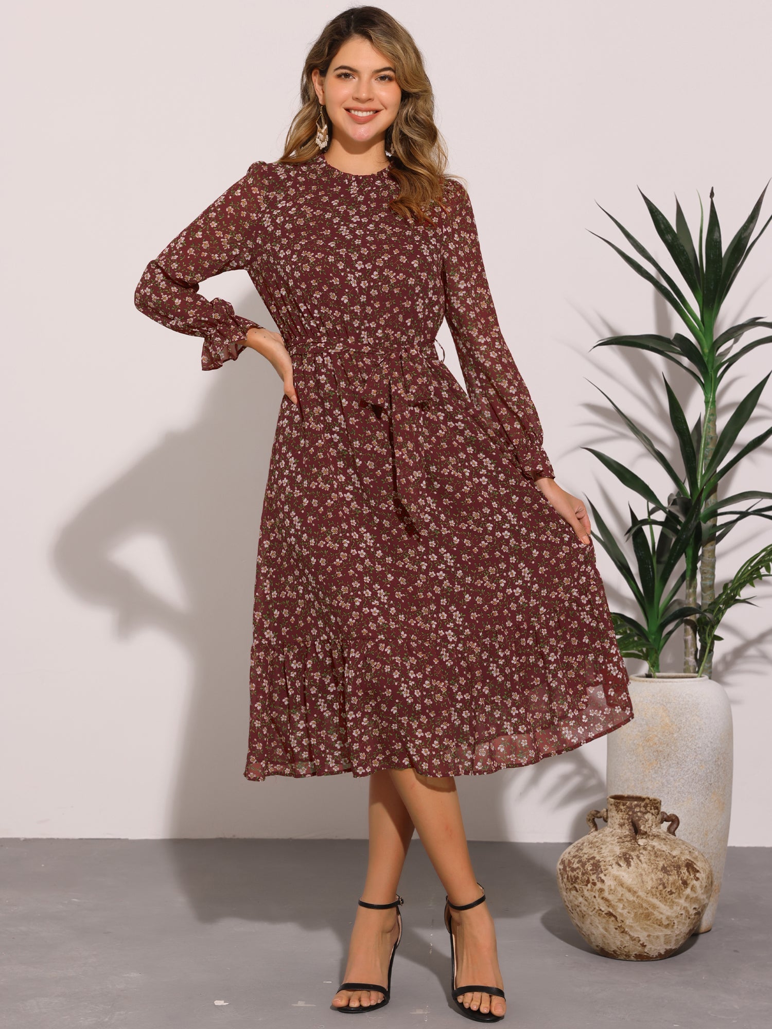 Floral Long Sleeve Belted Flowy Chiffon Midi Dress