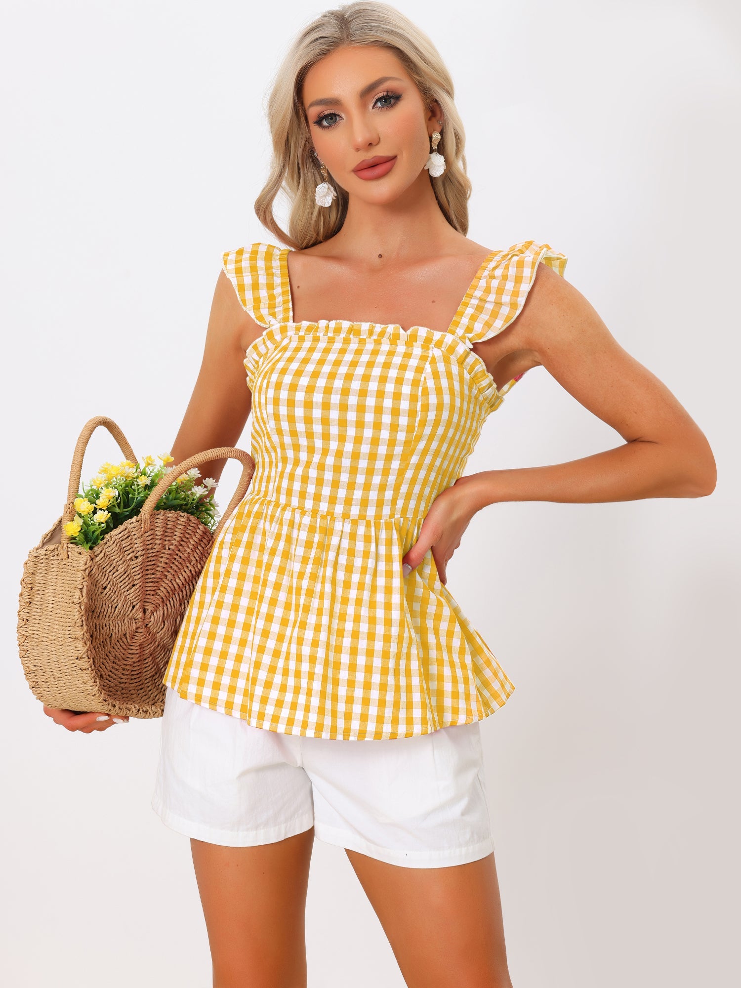 Gingham Peplum Top Summer Square Neck Sleeveless Plaid Blouse