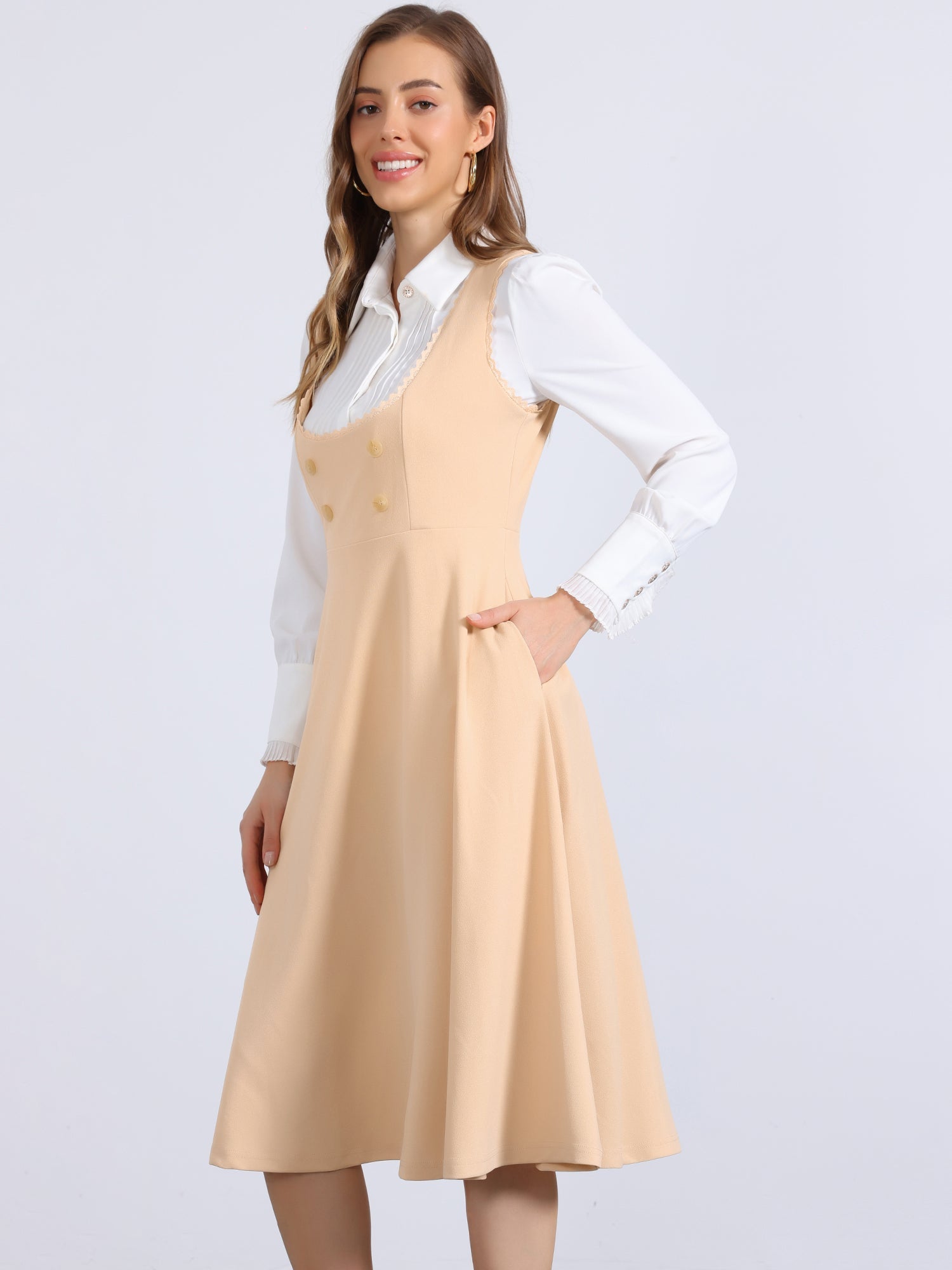 Lace Trim Button Decor Pockets Overalls Midi Pinafore Dress