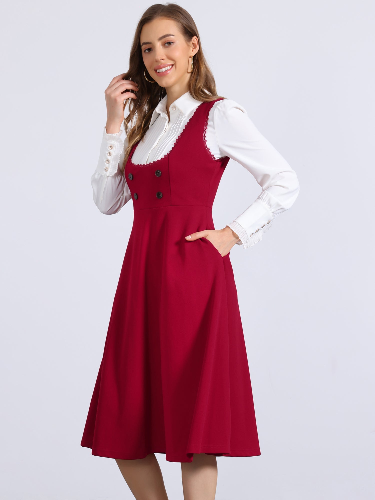 Lace Trim Button Decor Pockets Overalls Midi Pinafore Dress