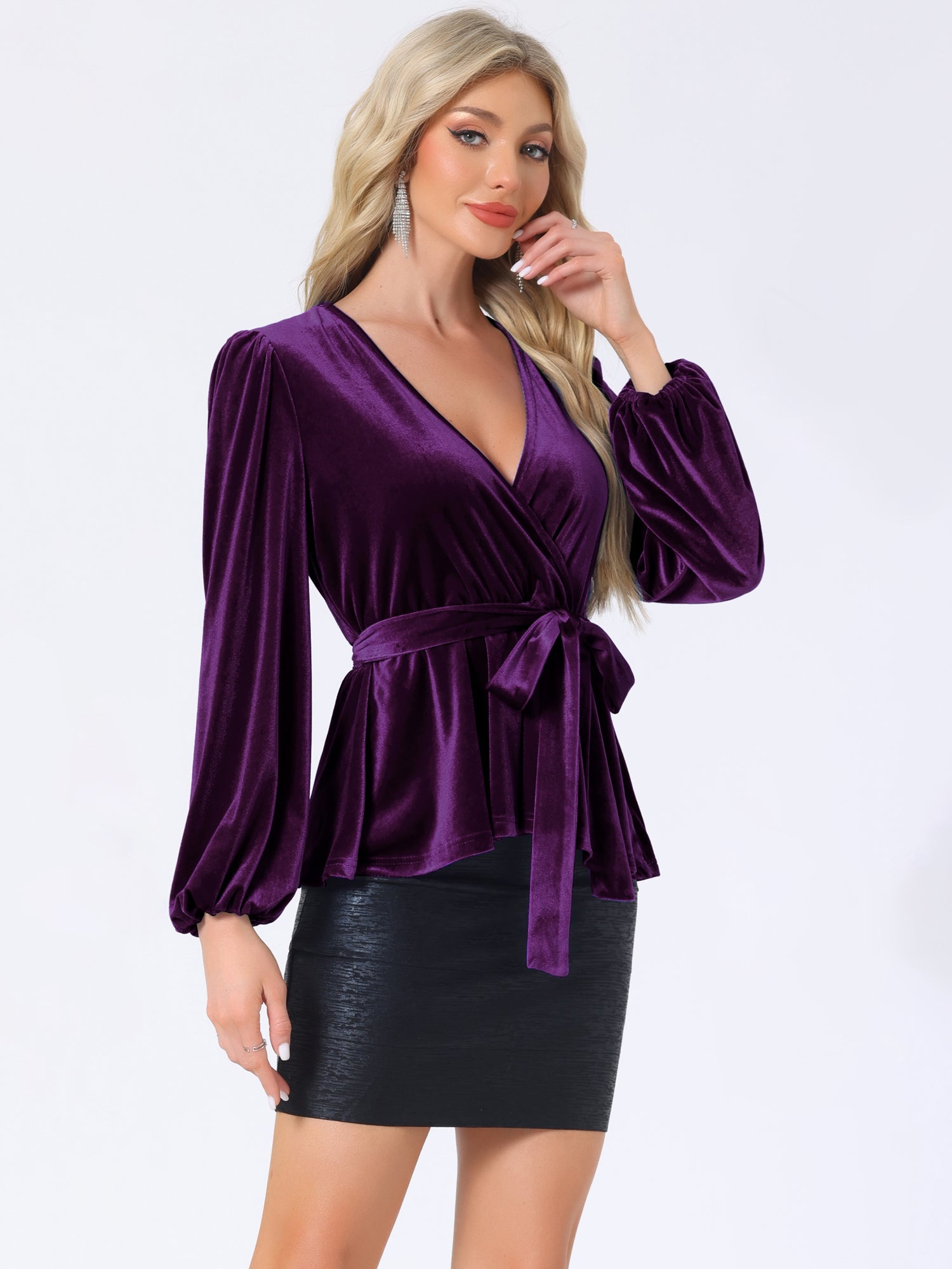 Velvet Wrap Tie Waist Long Sleeve Peplum Blouse