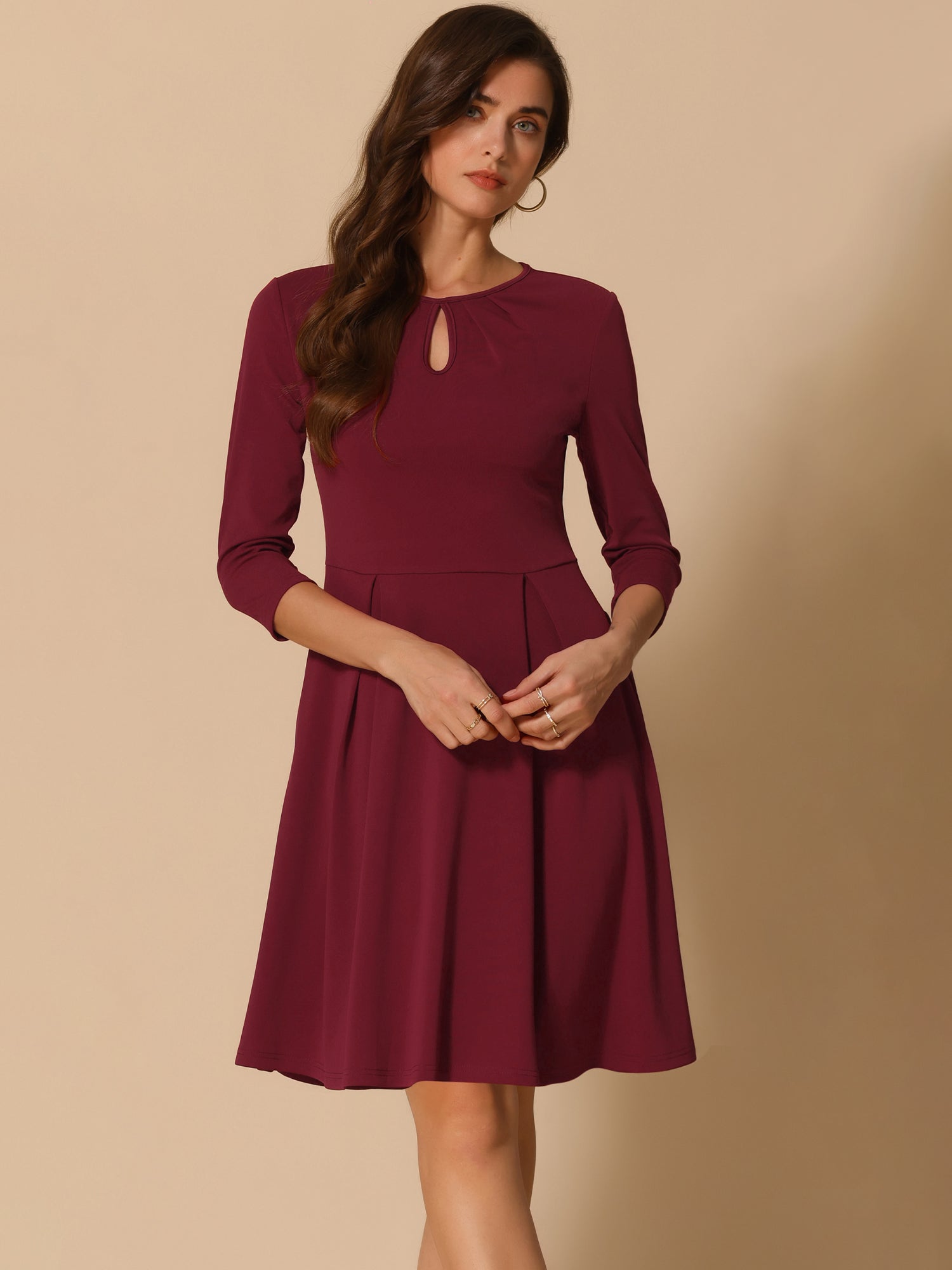 3/4 Sleeve Pleated Keyhole Pockets A-Line Above Knee Dress