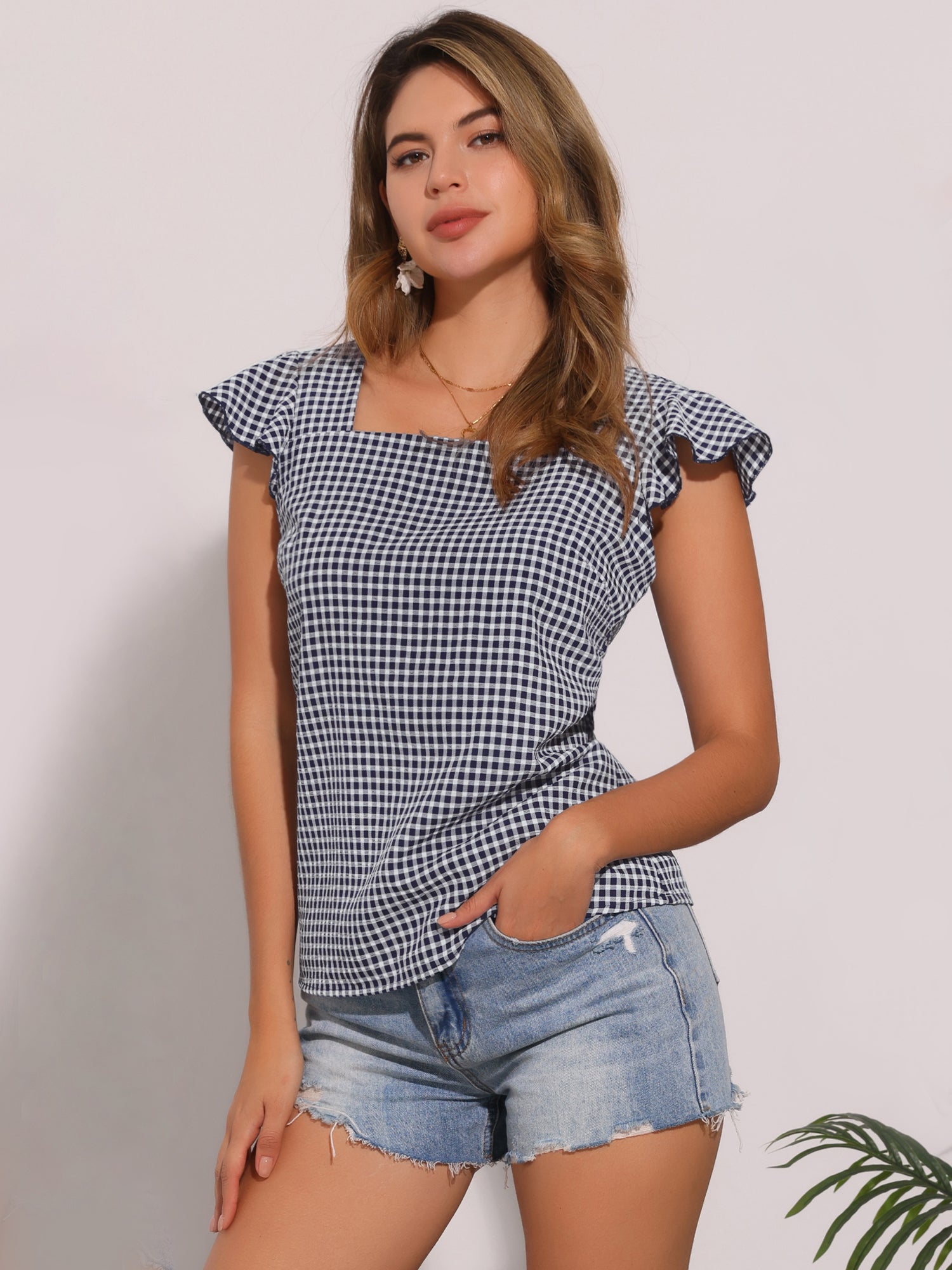 Summer Gingham Tops Square Neck Ruffle Cap Sleeve Blouse