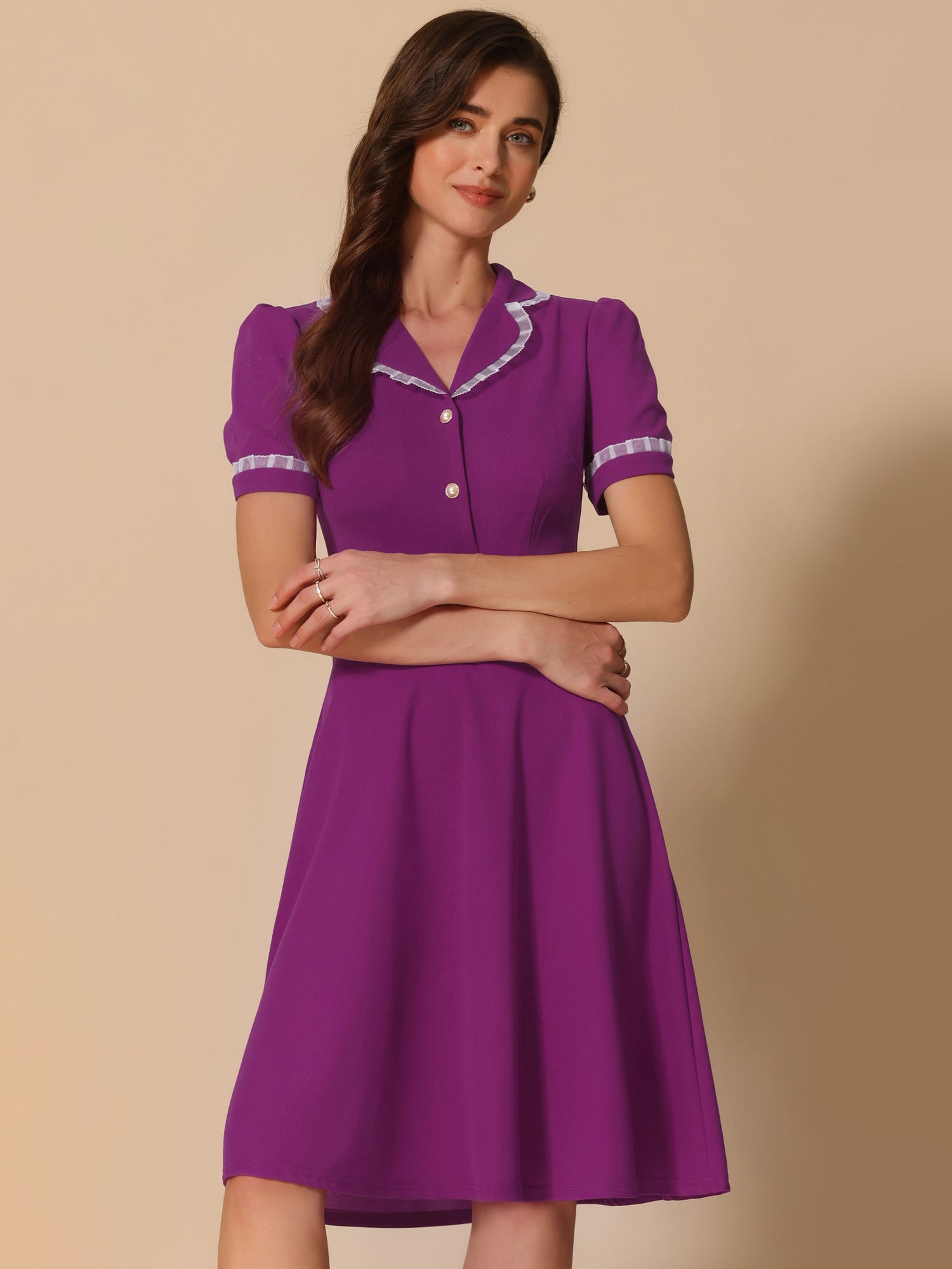 Work Lace Notched Collar Vintage 1950s Short Sleeve Midi Shirt Dress